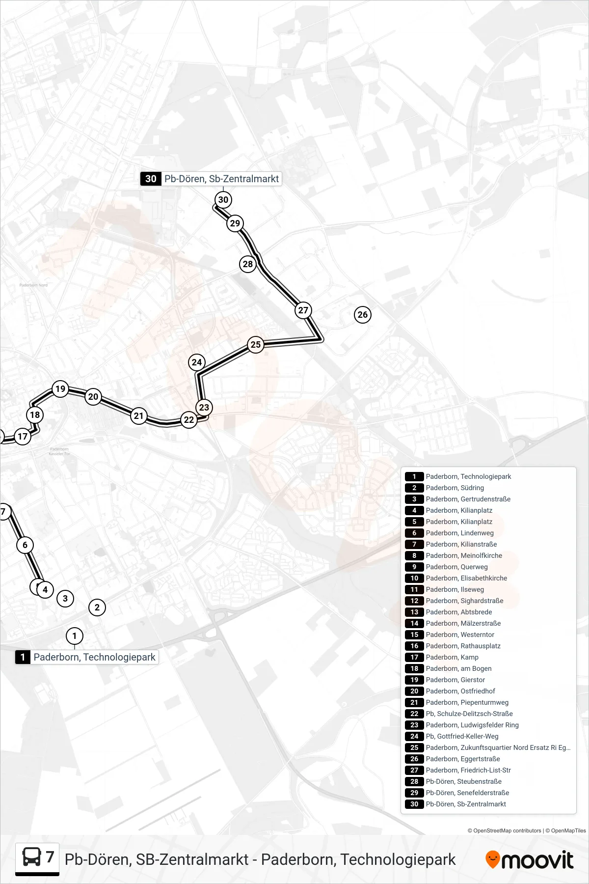 Linie 7 (Bus) Richtung Pb-Dören, Sb-Zentralmarkt: Route und Haltestellen auf der Karte