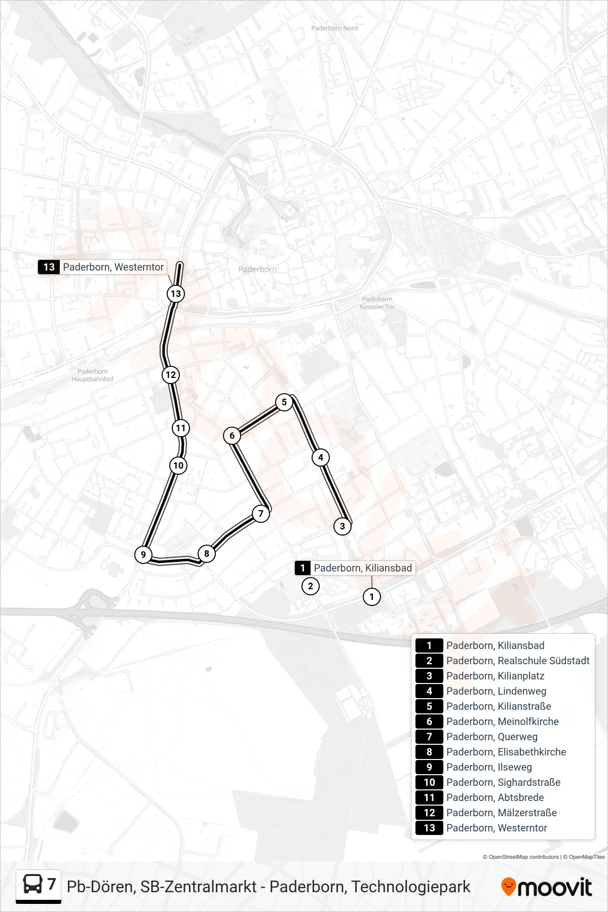7 bus Line (Paderborn, Westerntor Steig A2) route and stops on a map