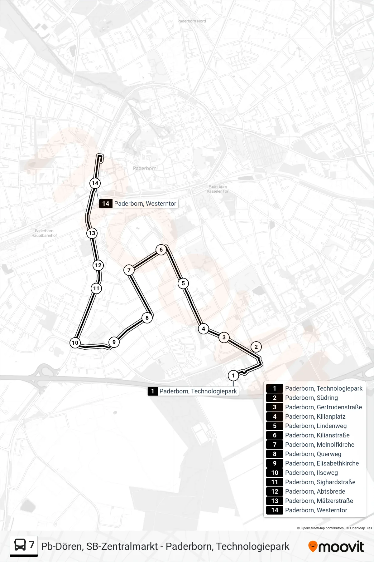 Linie 7 (Bus) Richtung Paderborn, Westerntor Steig B1: Route und Haltestellen auf der Karte