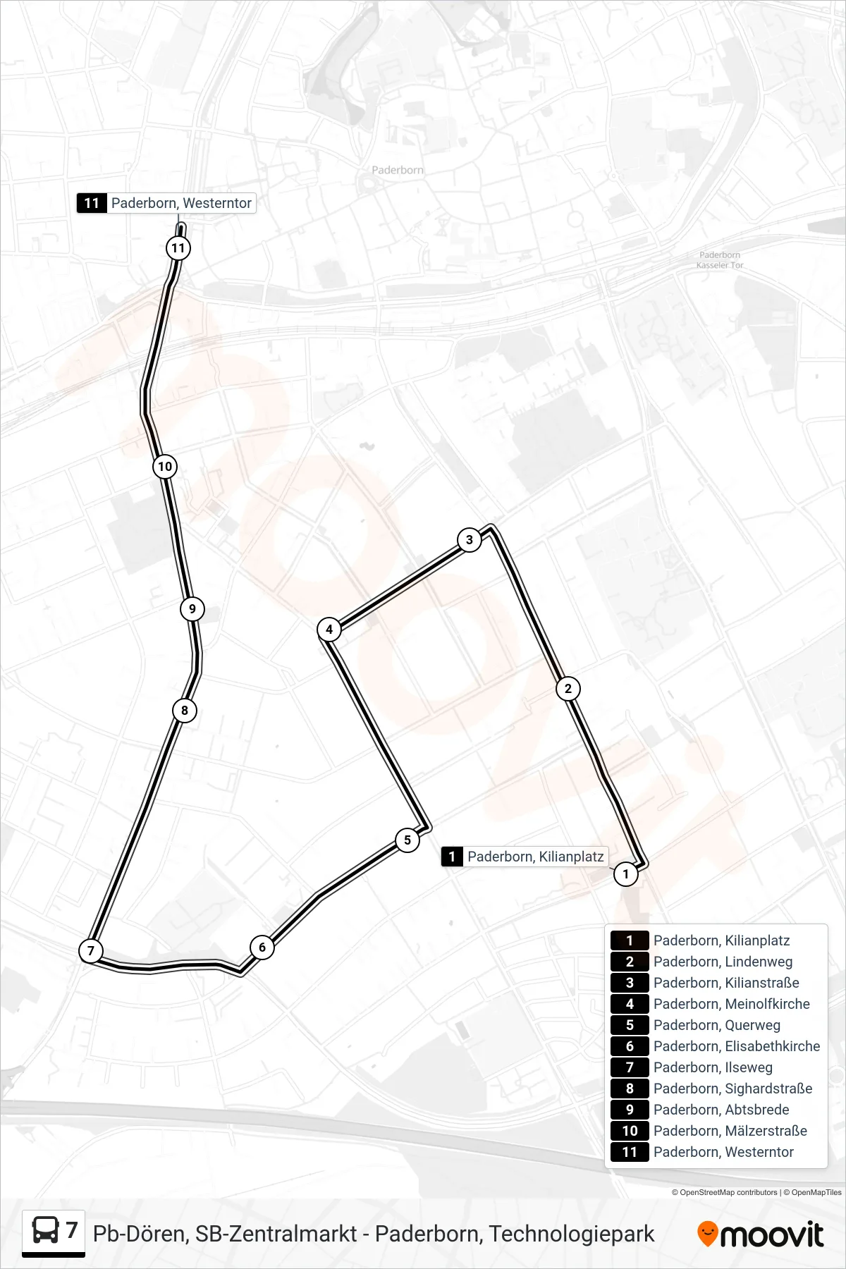 Linie 7 (Bus) Richtung Paderborn, Westerntor Steig C: Route und Haltestellen auf der Karte