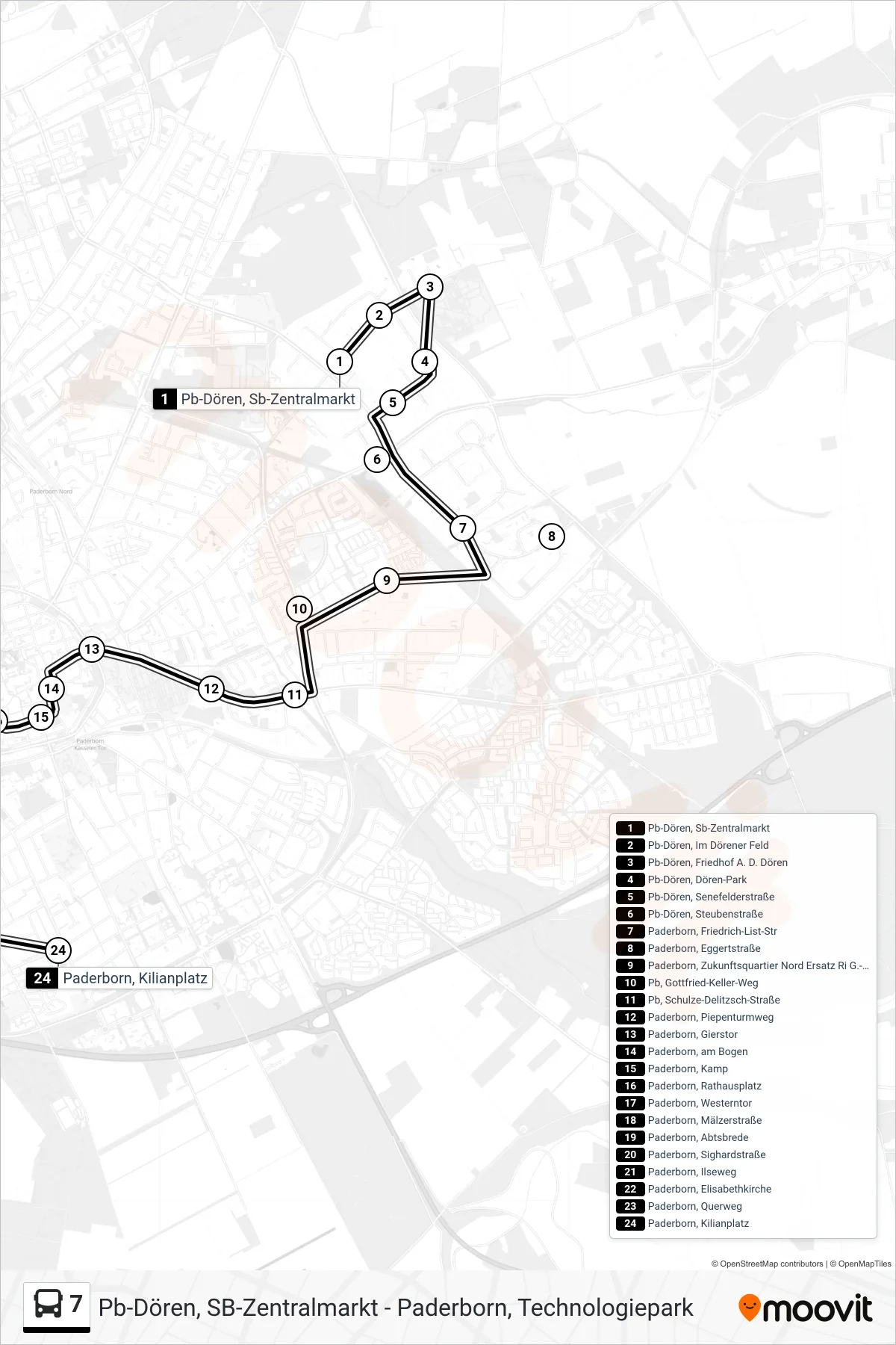 Linie 7 (Bus) Richtung Paderborn, Kilianplatz: Route und Haltestellen auf der Karte