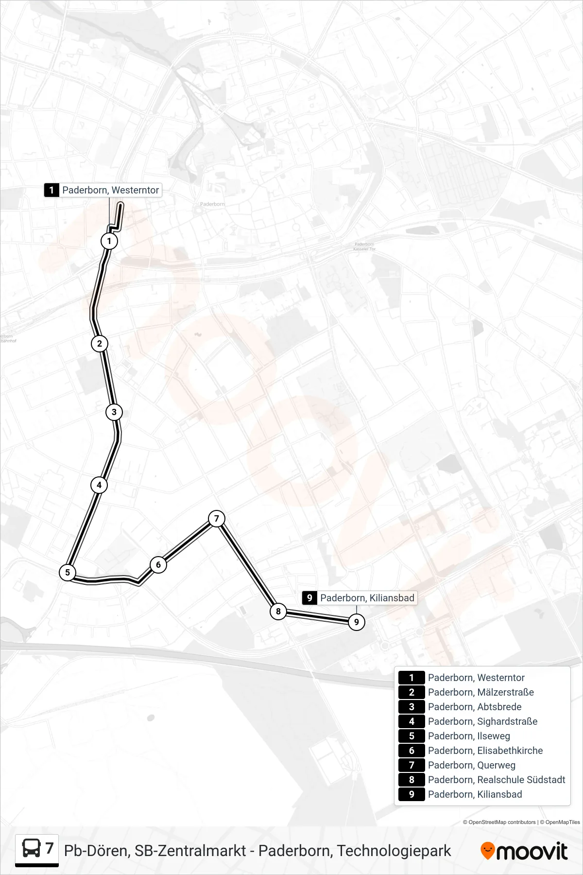 Linie 7 (Bus) Richtung Paderborn, Kiliansbad: Route und Haltestellen auf der Karte