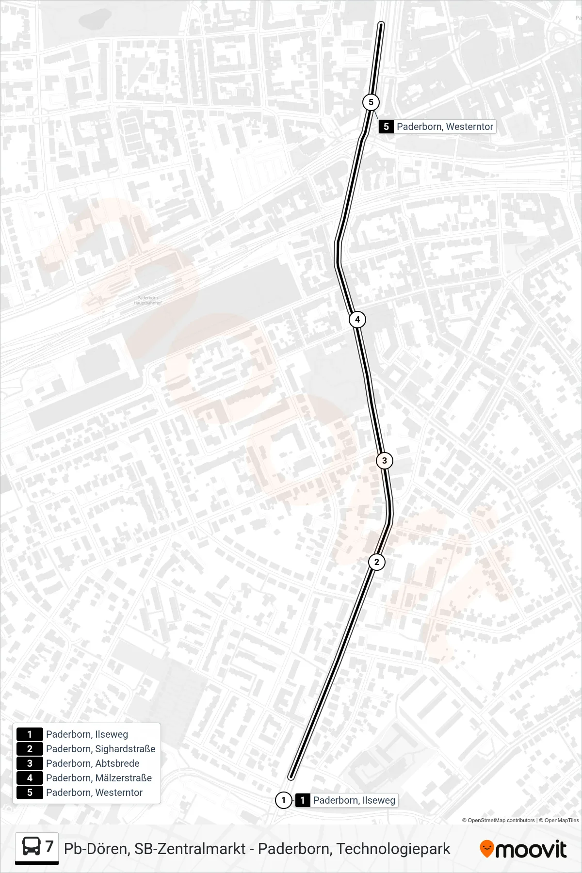 Linie 7 (Bus) Richtung Paderborn, Westerntor Steig B3: Route und Haltestellen auf der Karte