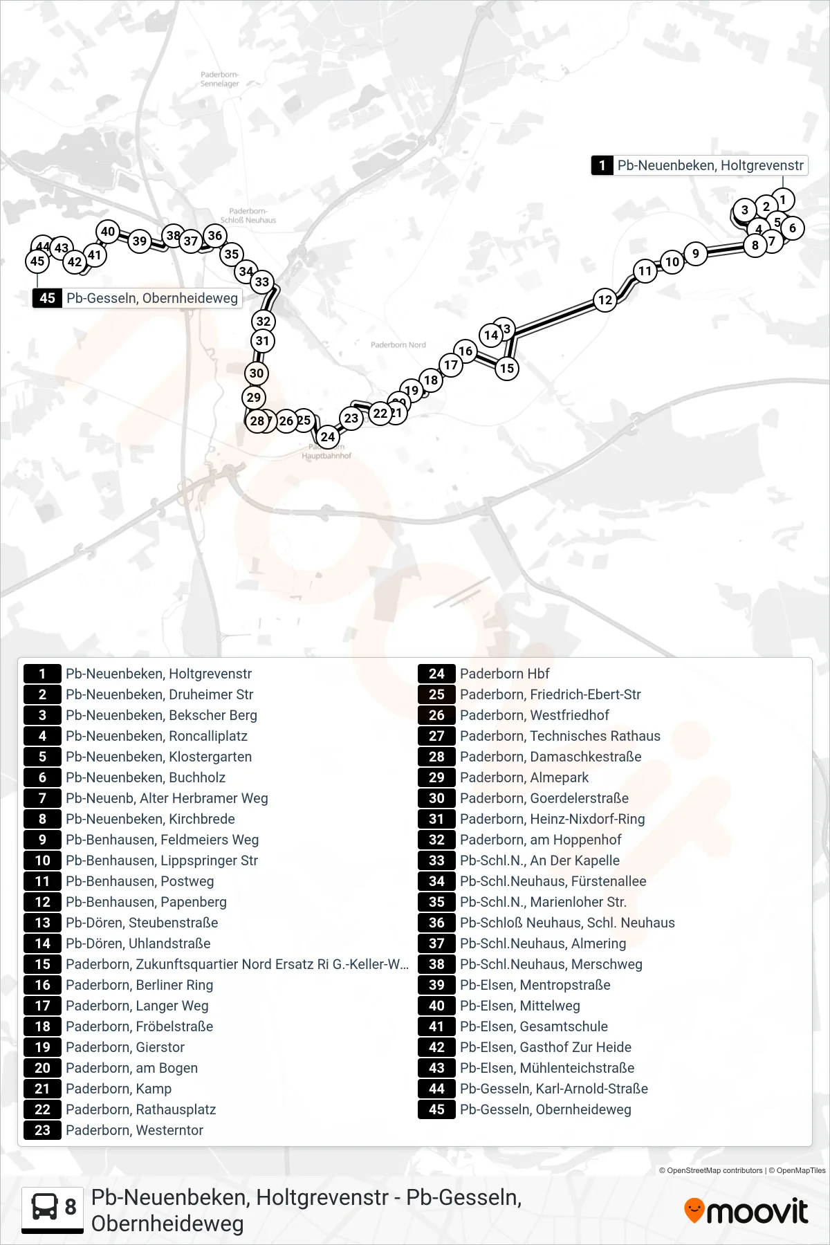 Linie 8 (Bus) Richtung Pb-Gesseln, Obernheideweg: Route und Haltestellen auf der Karte