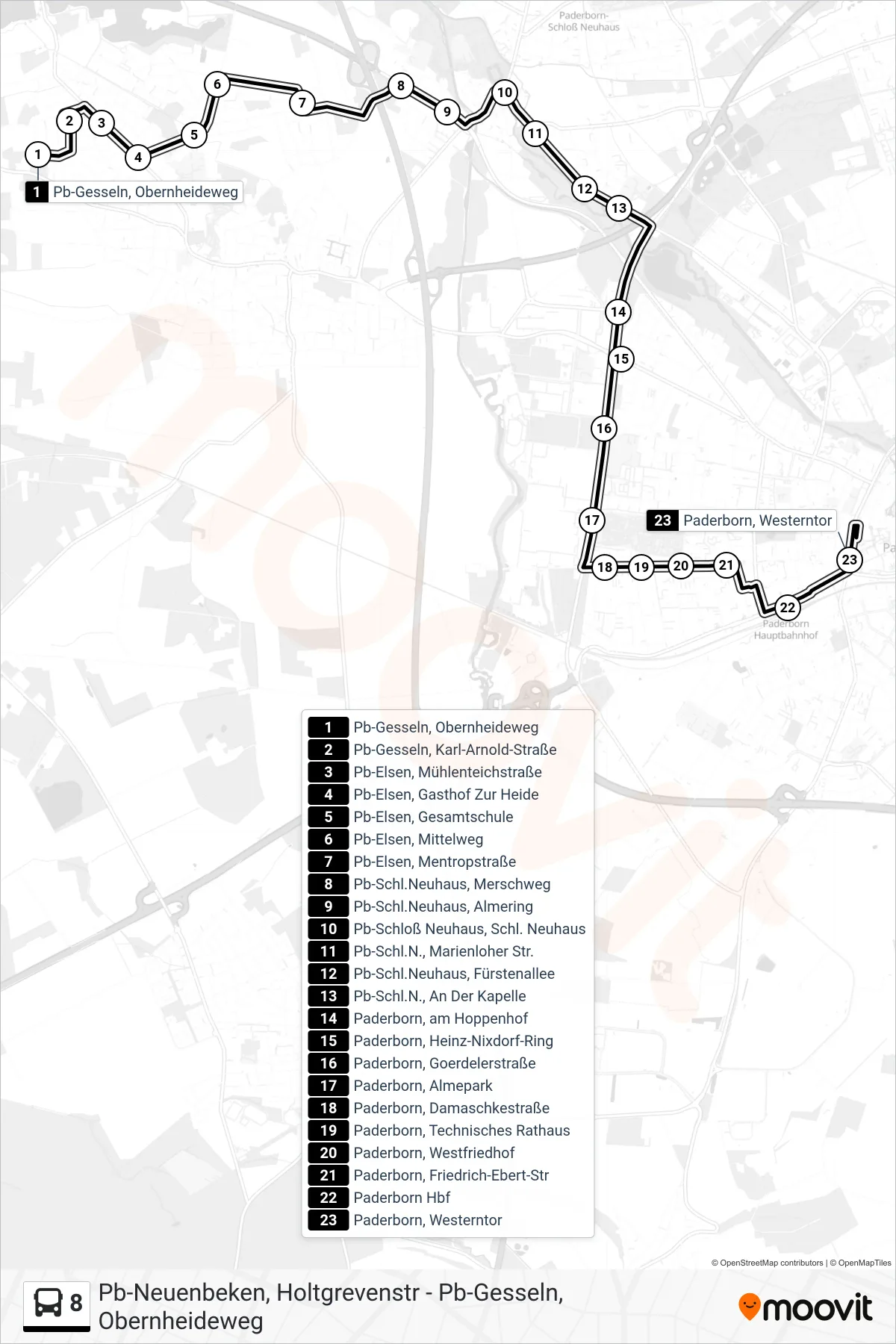 Linie 8 (Bus) Richtung Paderborn, Westerntor Steig B2: Route und Haltestellen auf der Karte