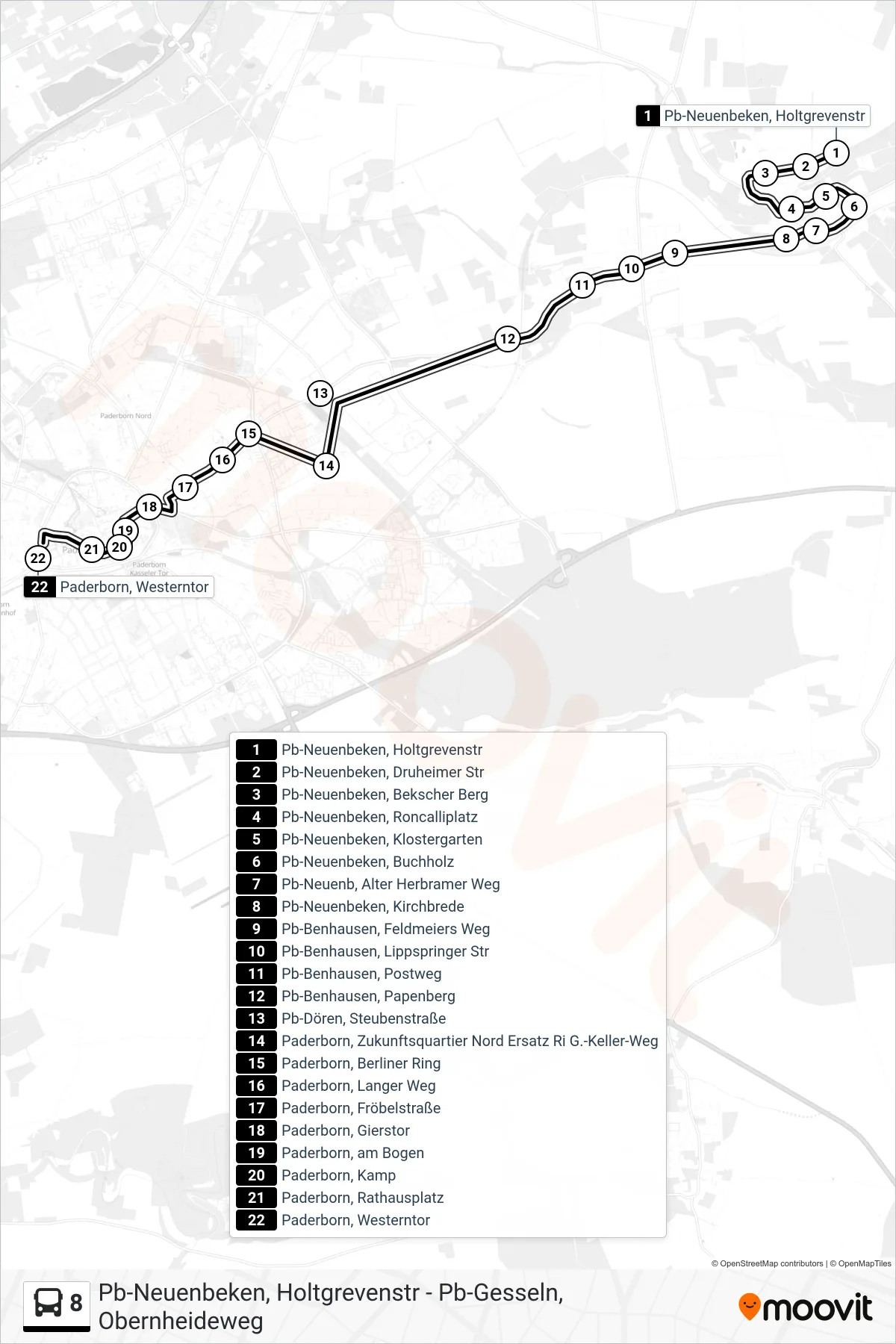 Linie 8 (Bus) Richtung Paderborn, Westerntor Steig B2: Route und Haltestellen auf der Karte