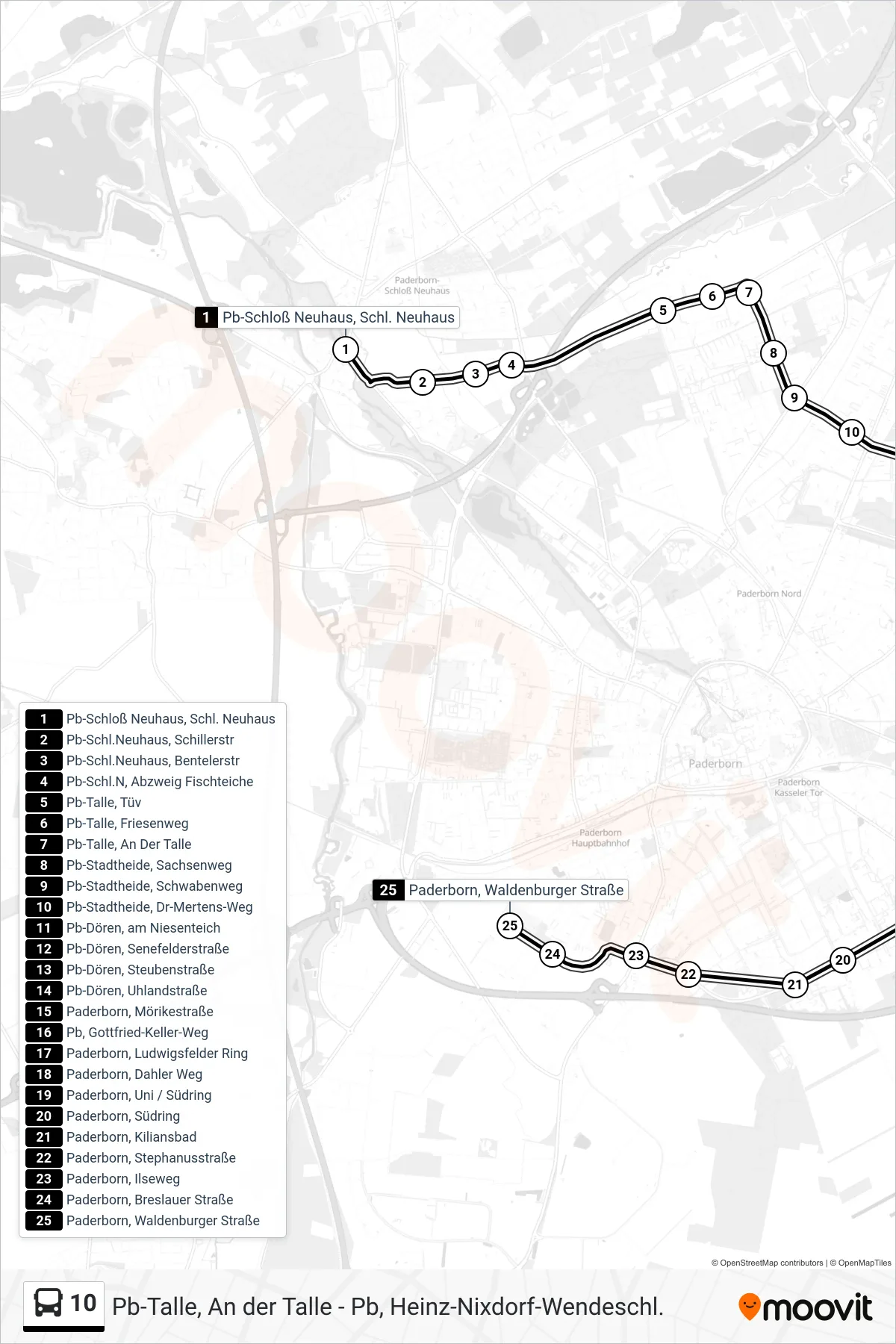 10 bus Line (Paderborn, Waldenburger Straße) route and stops on a map