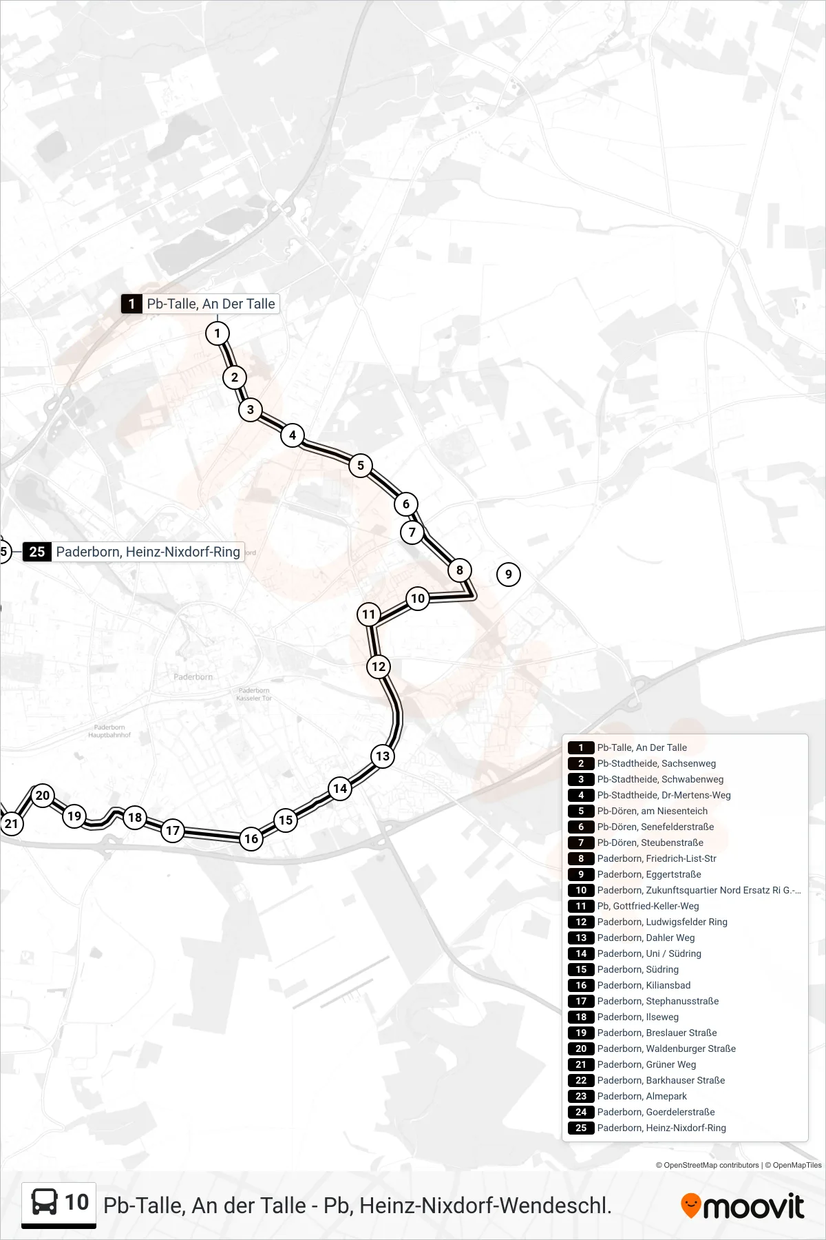 Linie 10 (Bus) Richtung Paderborn, Heinz-Nixdorf-Ring: Route und Haltestellen auf der Karte