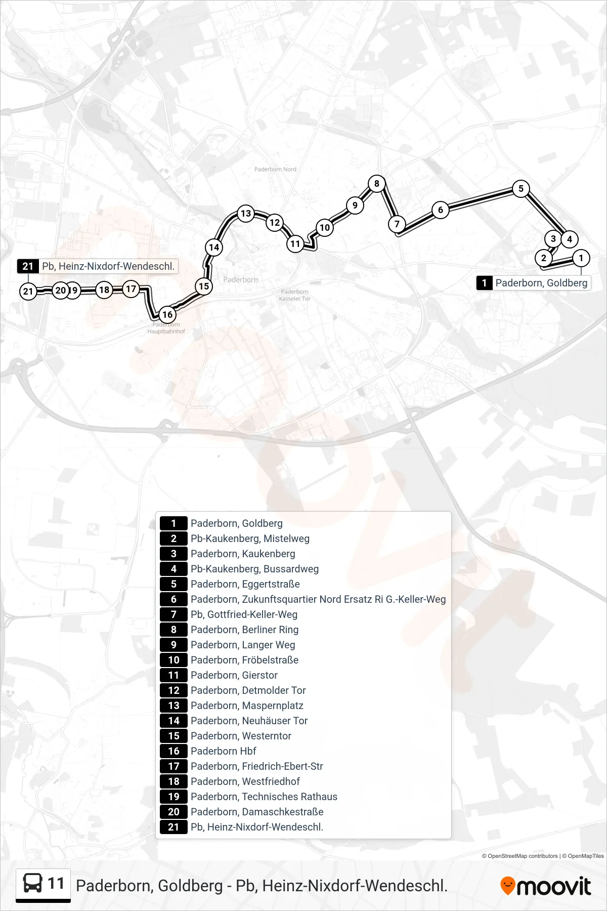 11 bus Line (Pb, Heinz-Nixdorf-Wendeschl.) route and stops on a map