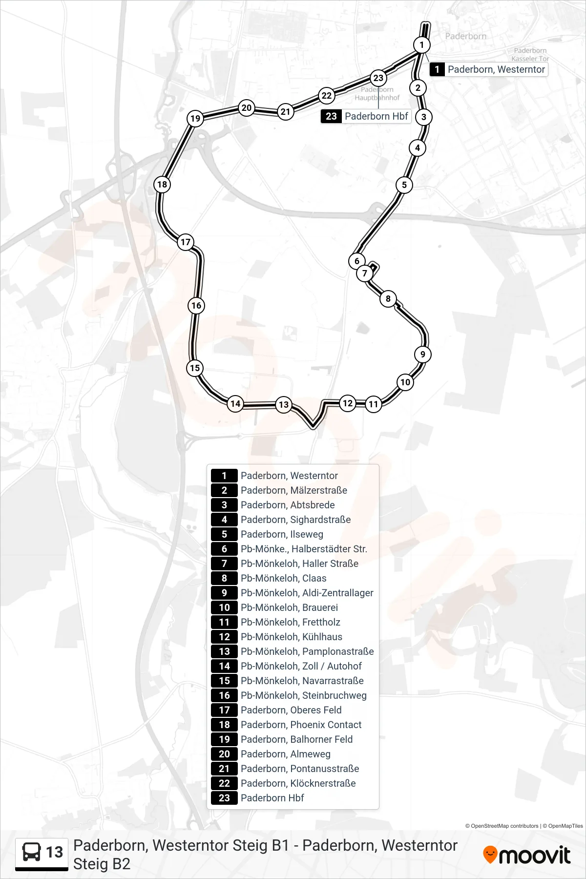 Linie 13 (Bus) Richtung Paderborn, Westerntor Steig A1: Route und Haltestellen auf der Karte