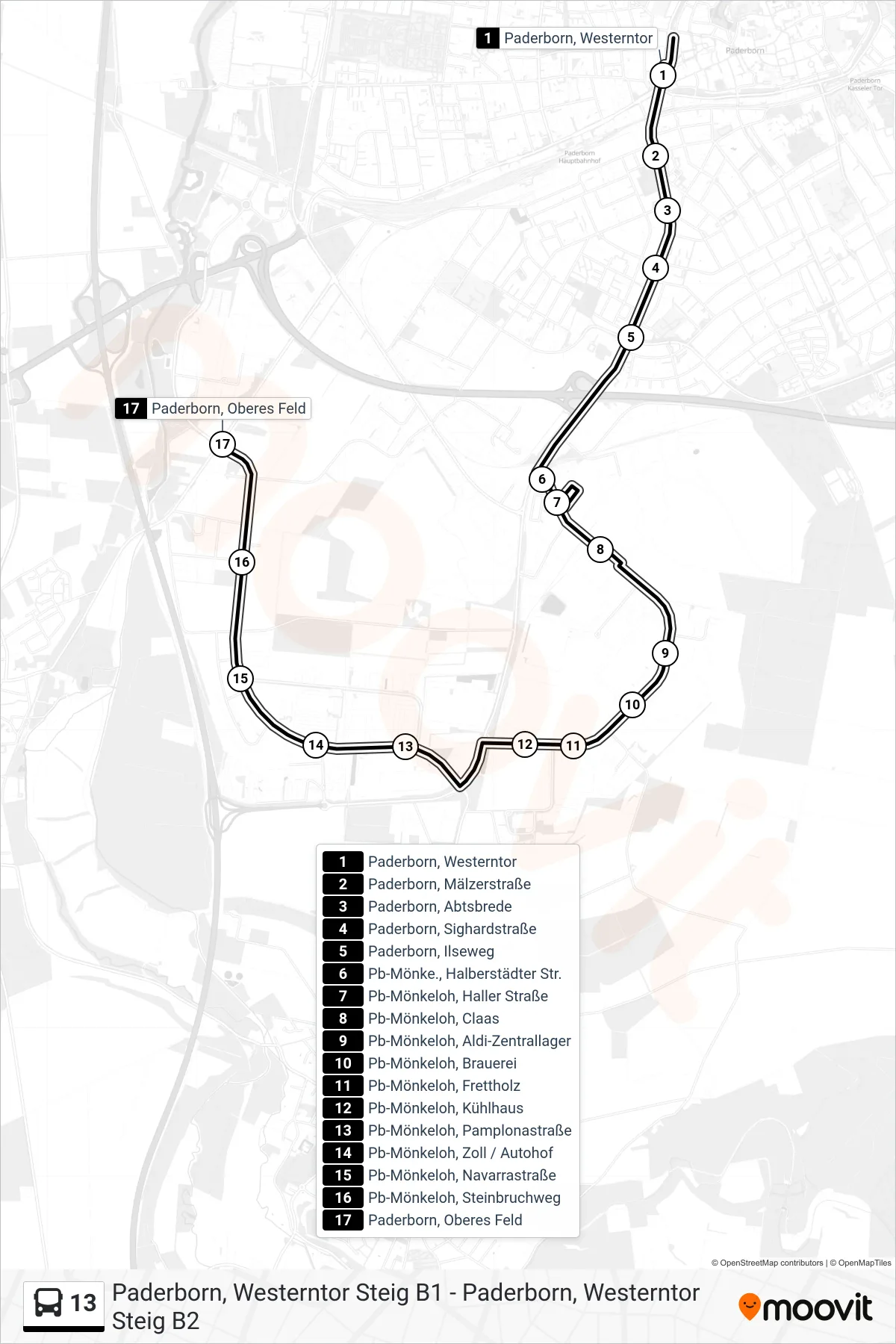 Linie 13 (Bus) Richtung Paderborn, Oberes Feld Bstg 3: Route und Haltestellen auf der Karte