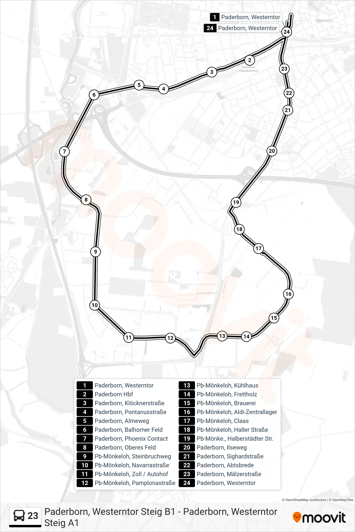 Linie 23 (Bus) Richtung Paderborn, Westerntor Steig A3: Route und Haltestellen auf der Karte