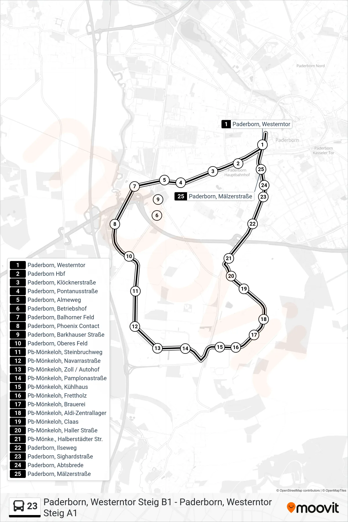 23 bus Line (Paderborn, Westerntor Steig C) route and stops on a map