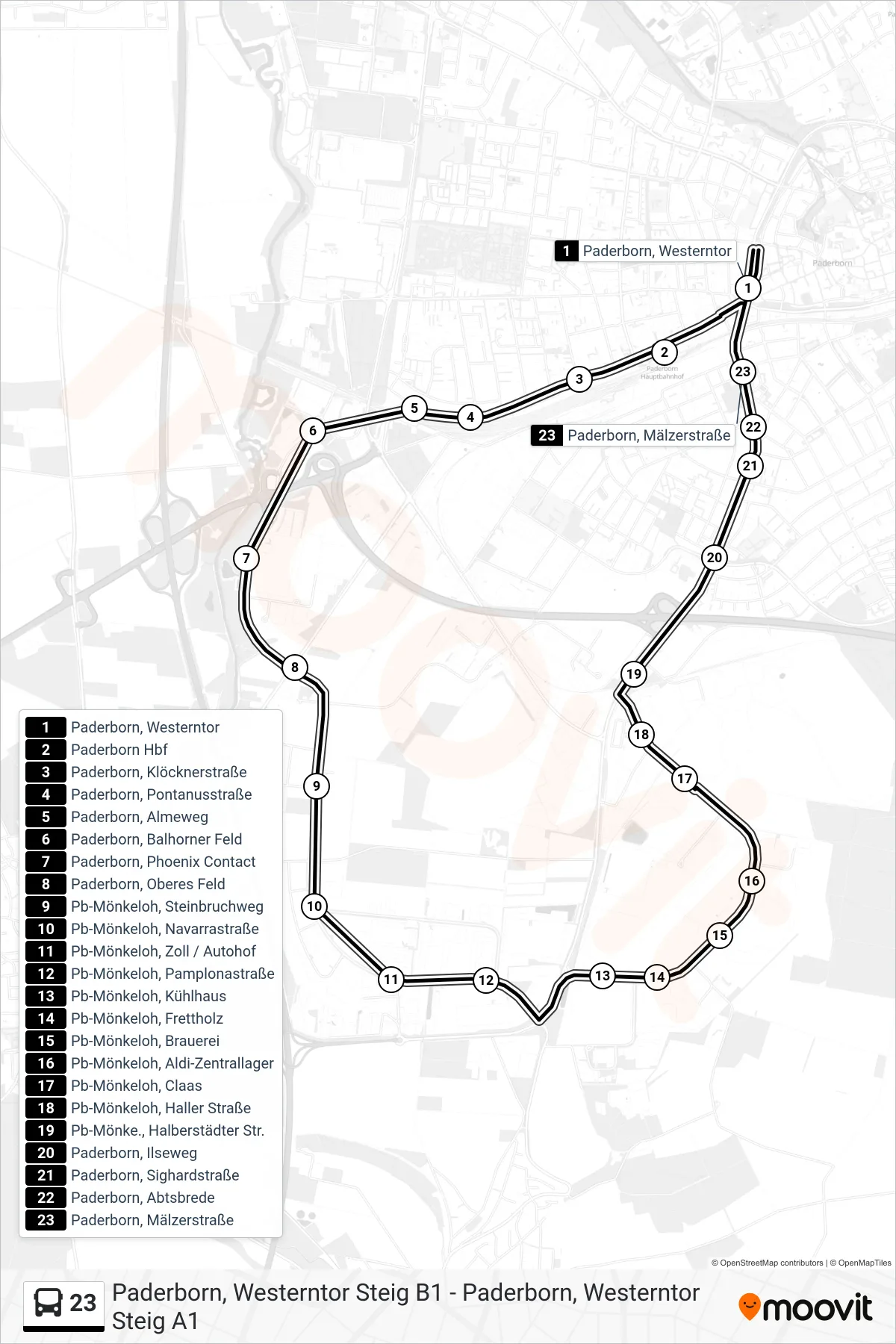 Linie 23 (Bus) Richtung Paderborn, Westerntor Steig A1: Route und Haltestellen auf der Karte