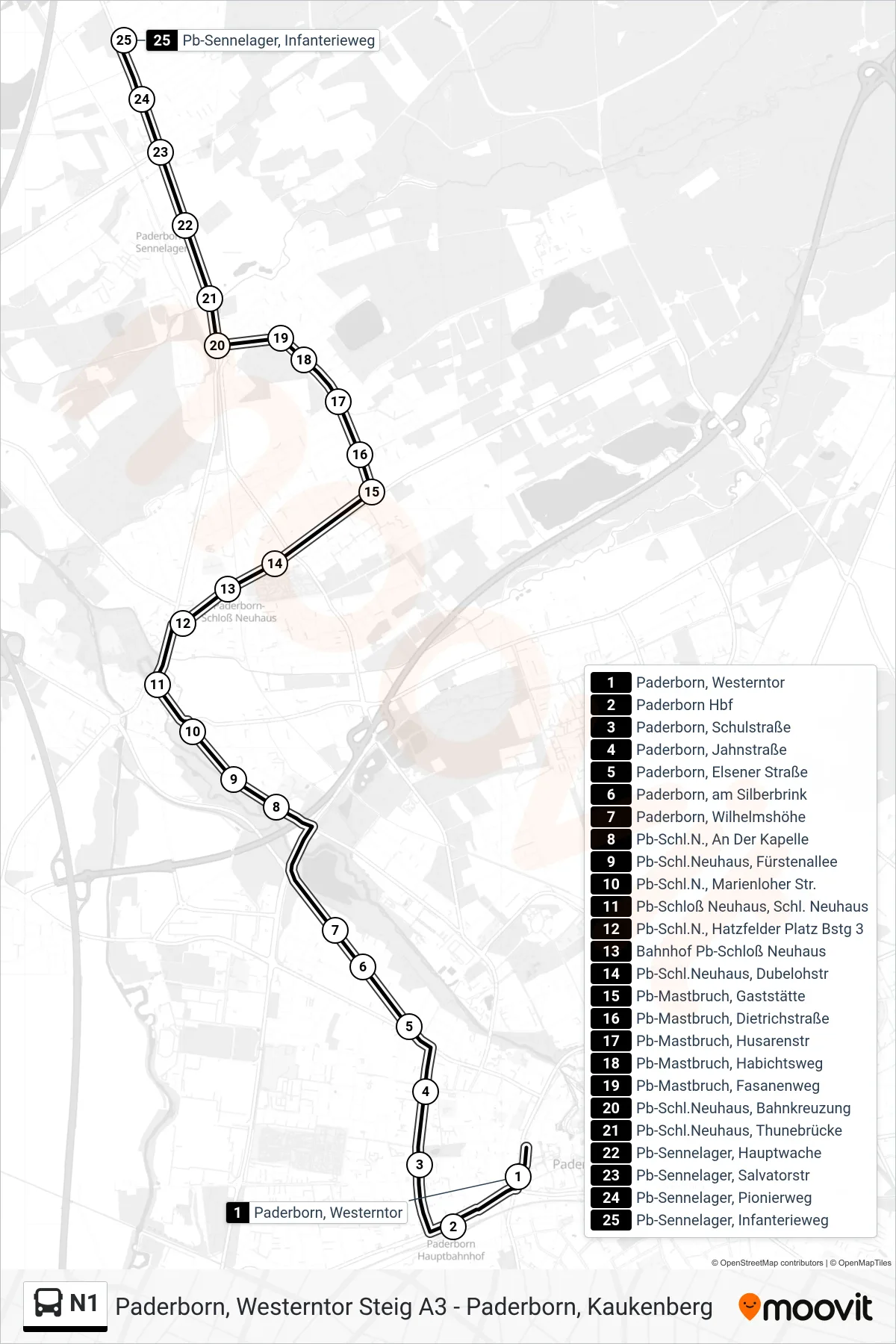 Linie N1 (Bus) Richtung Pb-Sennelager, Infanterieweg: Route und Haltestellen auf der Karte
