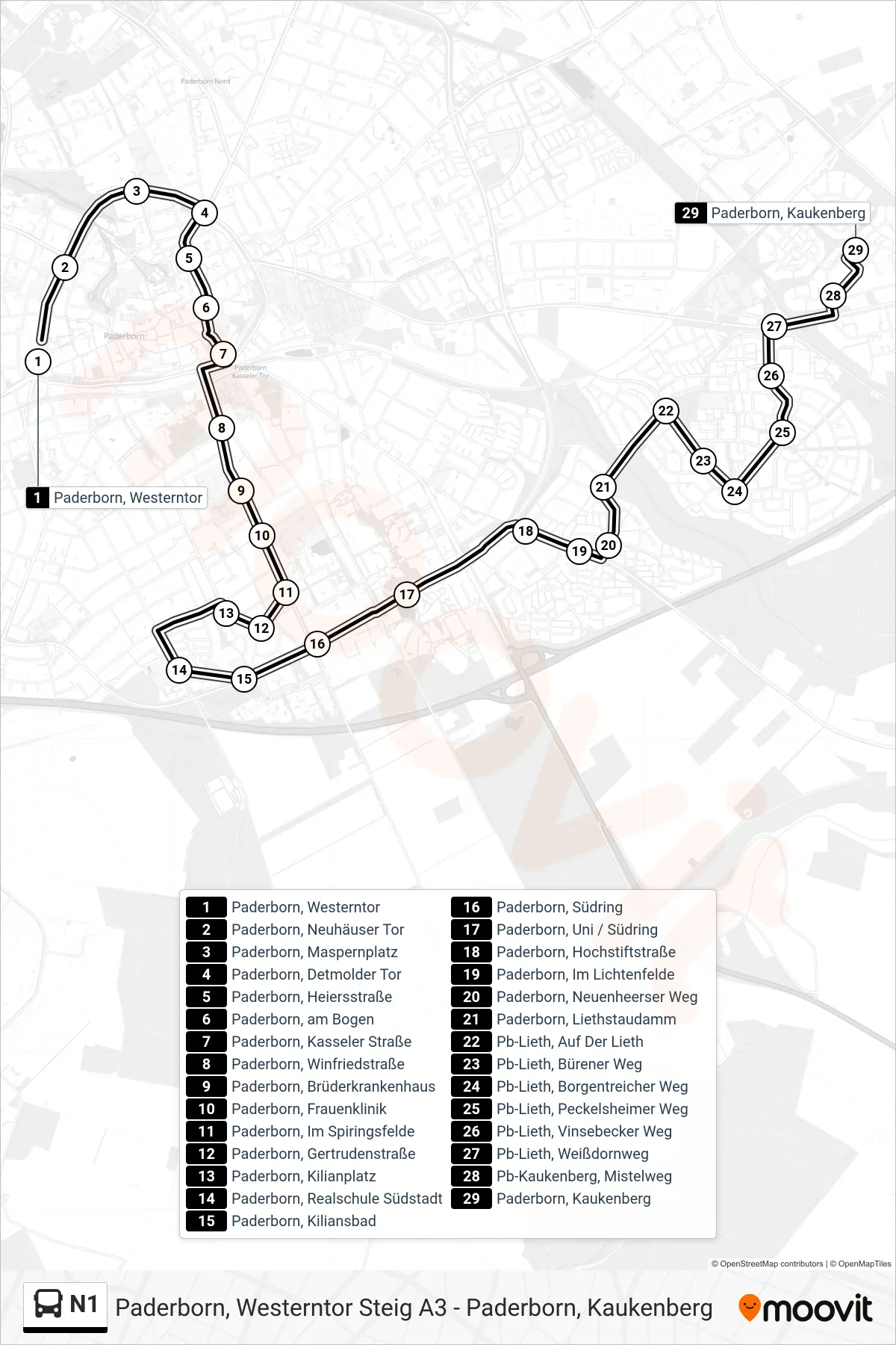 N1 bus Line (Paderborn, Kaukenberg) route and stops on a map