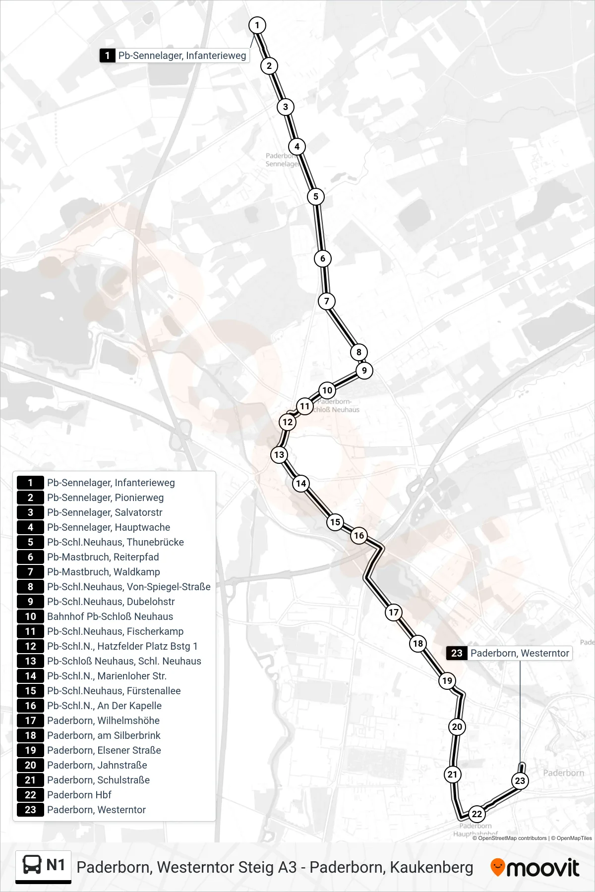 N1 bus Line (Paderborn, Westerntor Steig A2) route and stops on a map