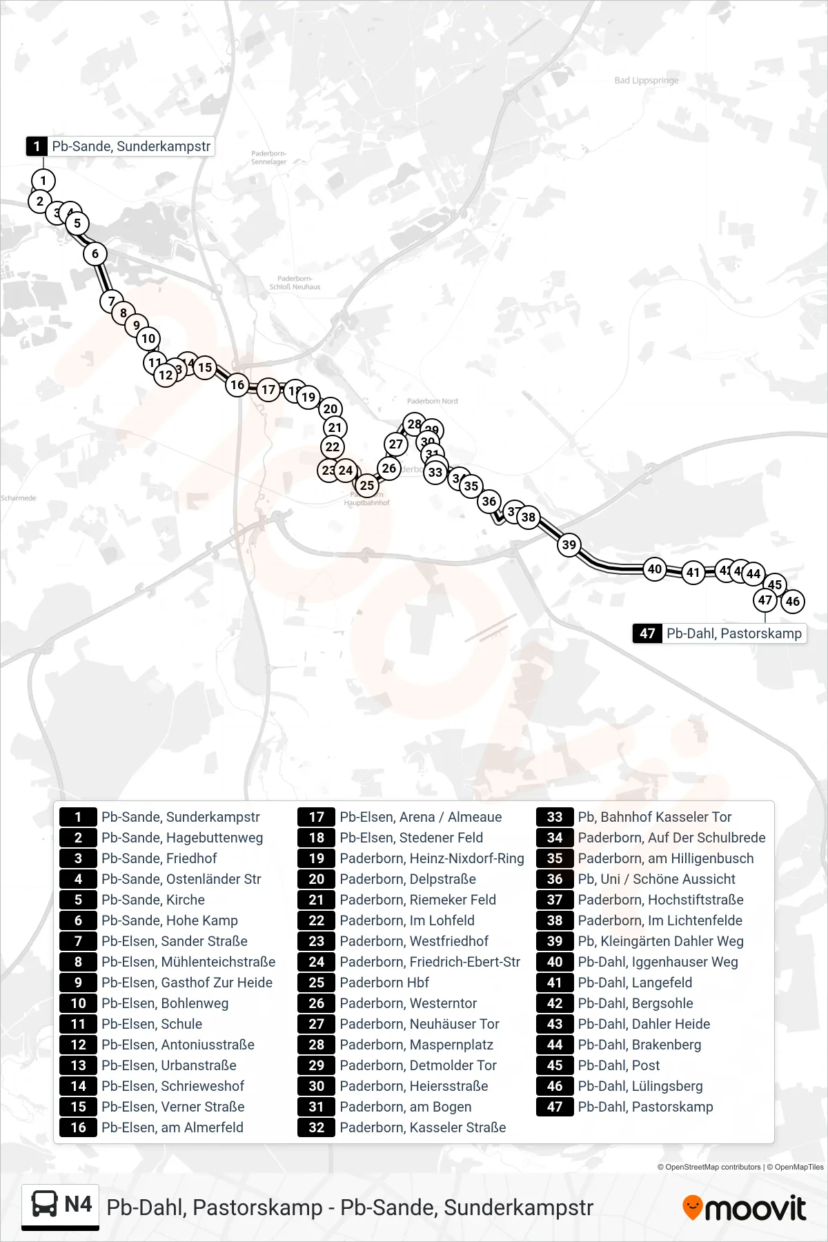 N4 bus Line (Pb-Dahl, Pastorskamp) route and stops on a map