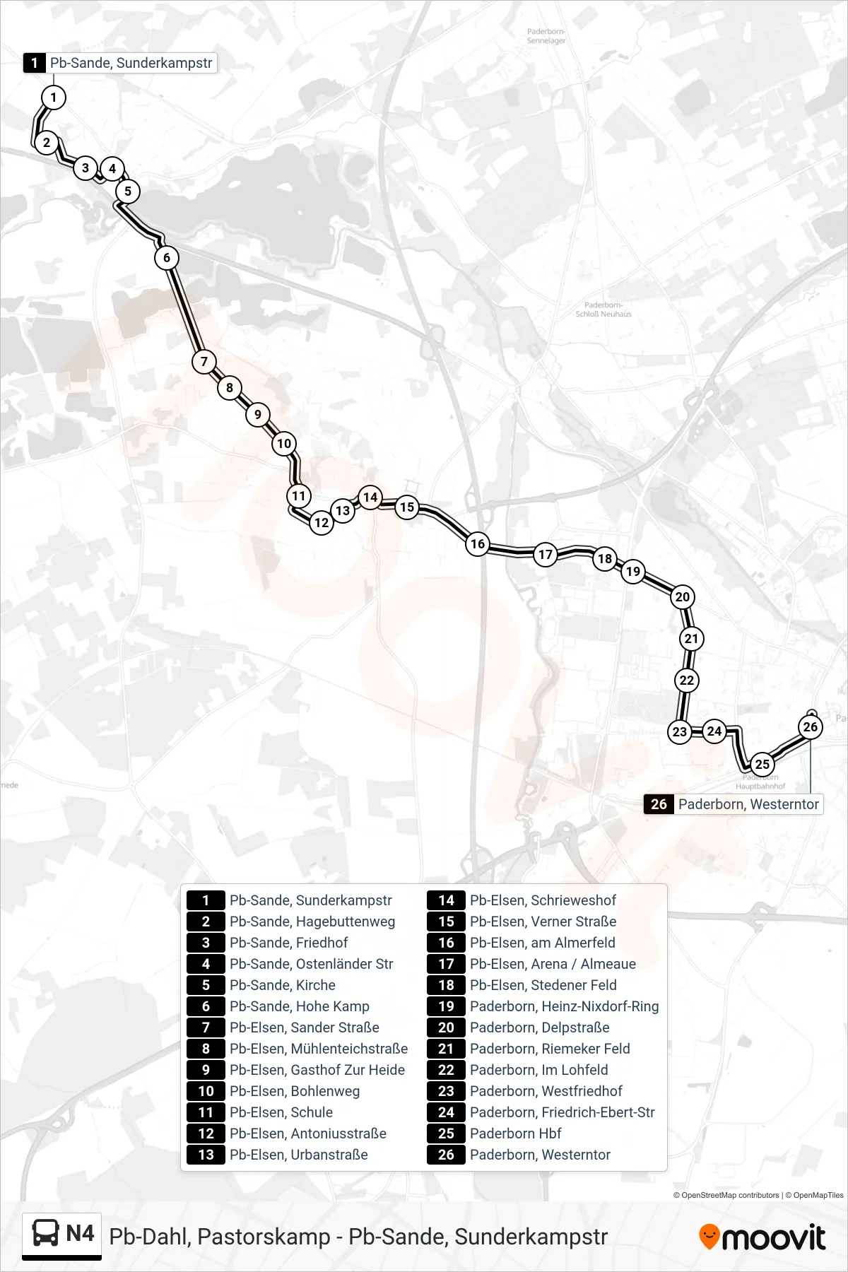 Linie N4 (Bus) Richtung Paderborn, Westerntor Steig A3: Route und Haltestellen auf der Karte