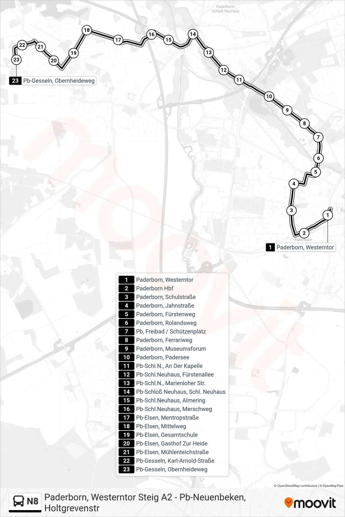 Linie N8 (Bus) Richtung Pb-Gesseln, Obernheideweg: Route und Haltestellen auf der Karte