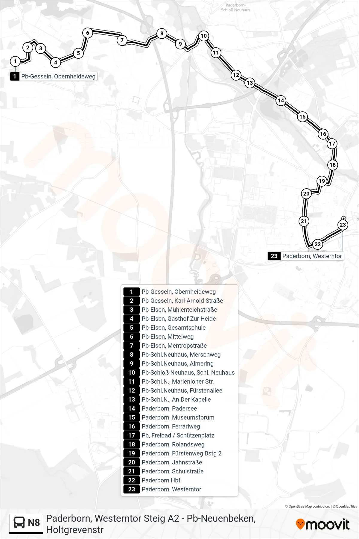 Linie N8 (Bus) Richtung Paderborn, Westerntor Steig A3: Route und Haltestellen auf der Karte