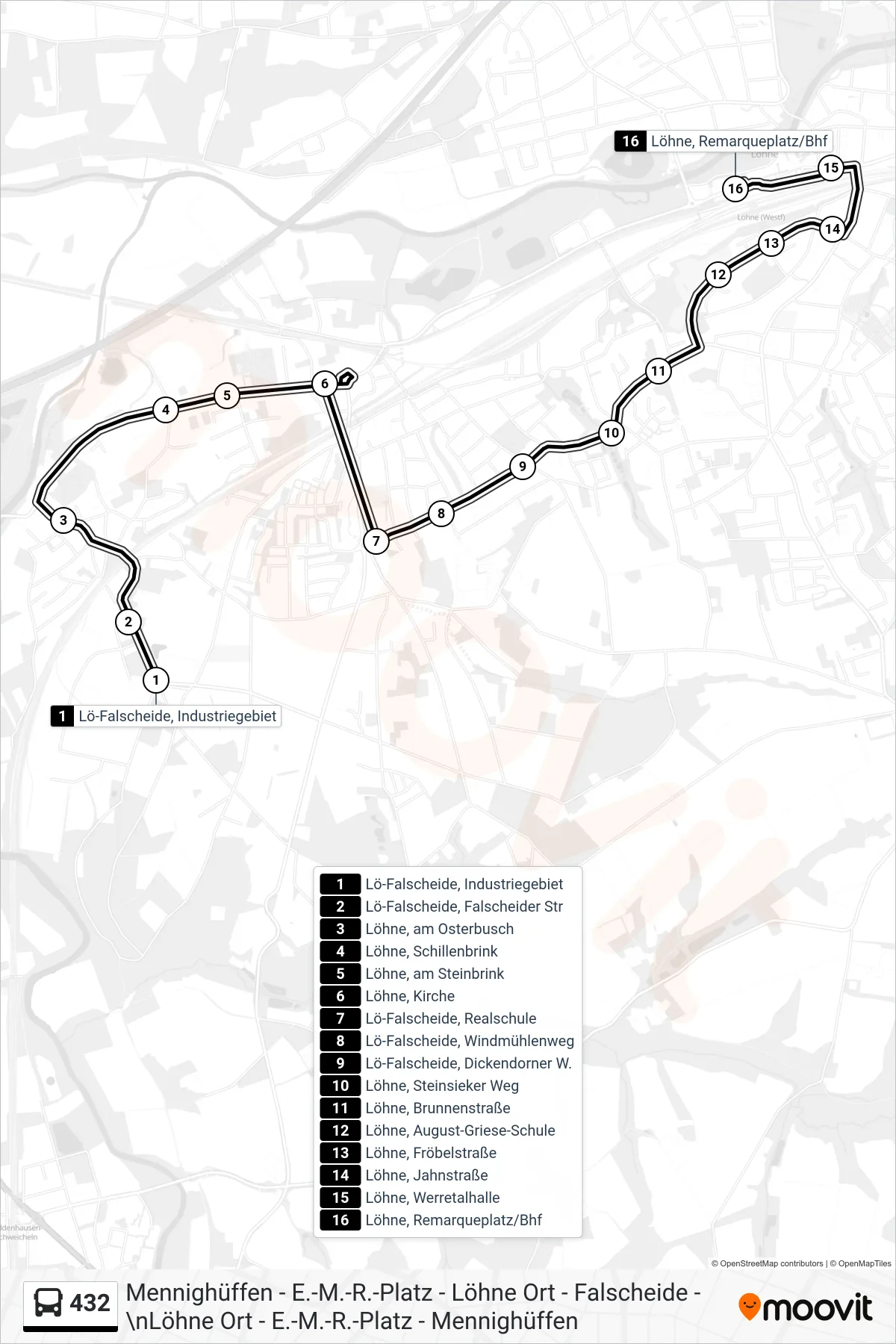 432 bus Line (Löhne E.M.R.-Platz) route and stops on a map