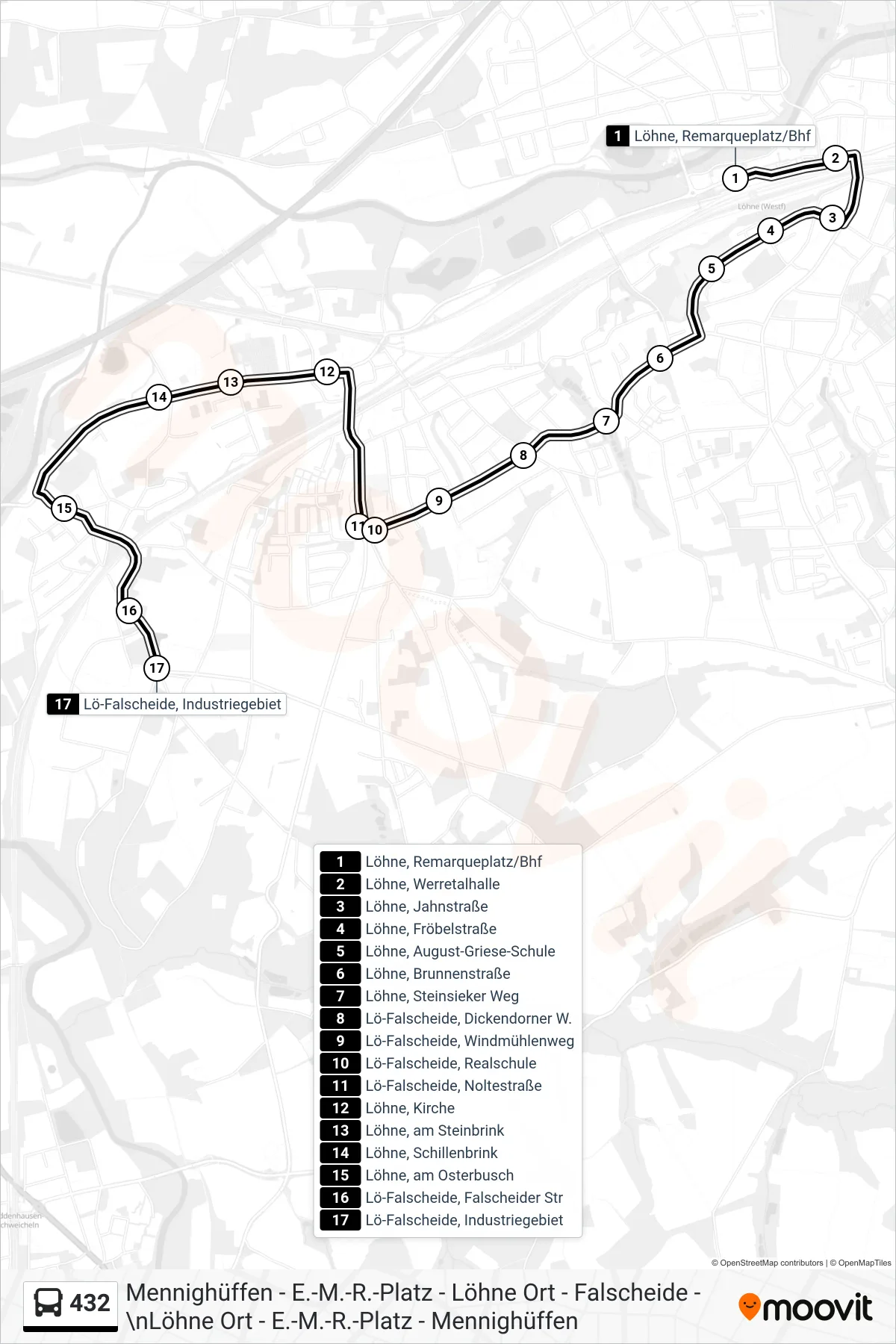 Linie 432 (Bus) Richtung Falscheide Industriegebiet: Route und Haltestellen auf der Karte