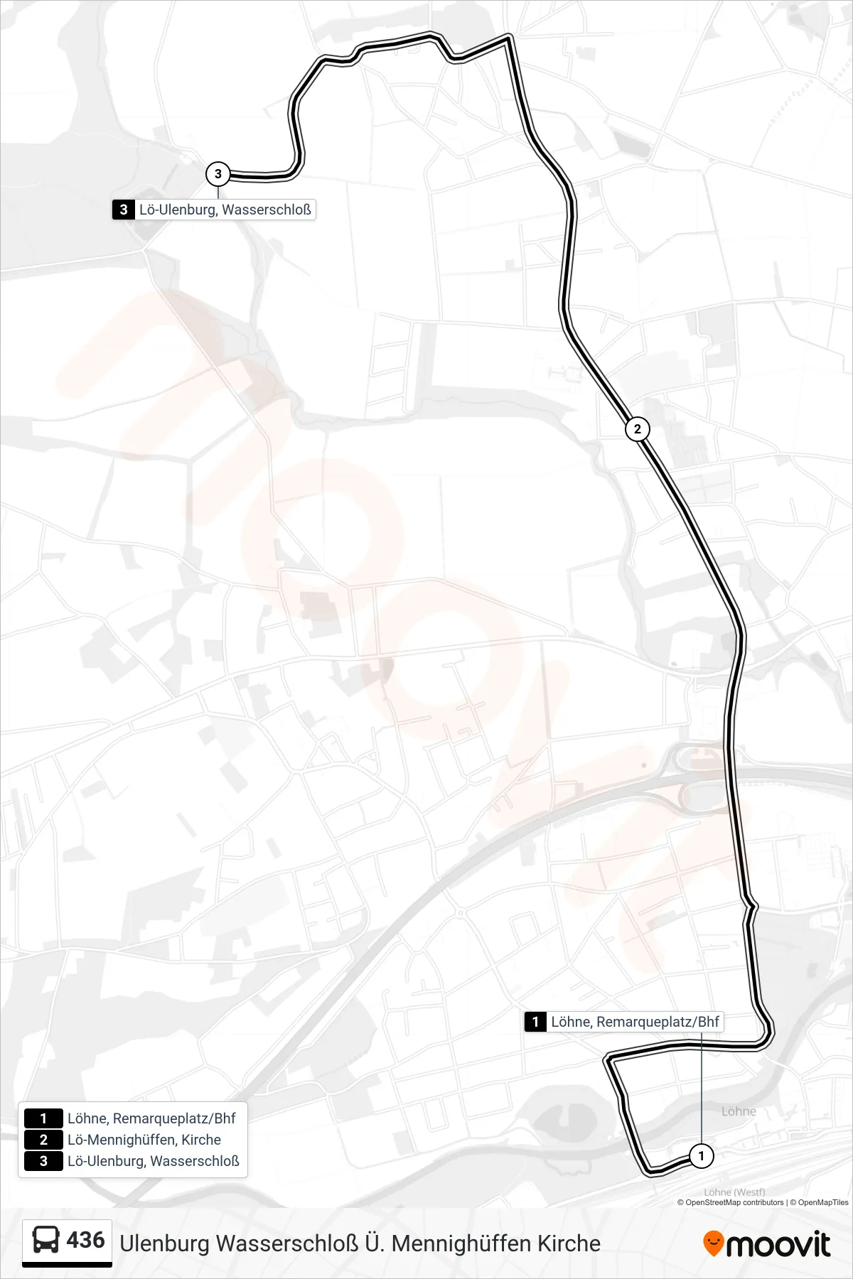 436 bus Line (Ulenburg Wasserschloß Ü. Mennighüffen Kirche) route and stops on a map