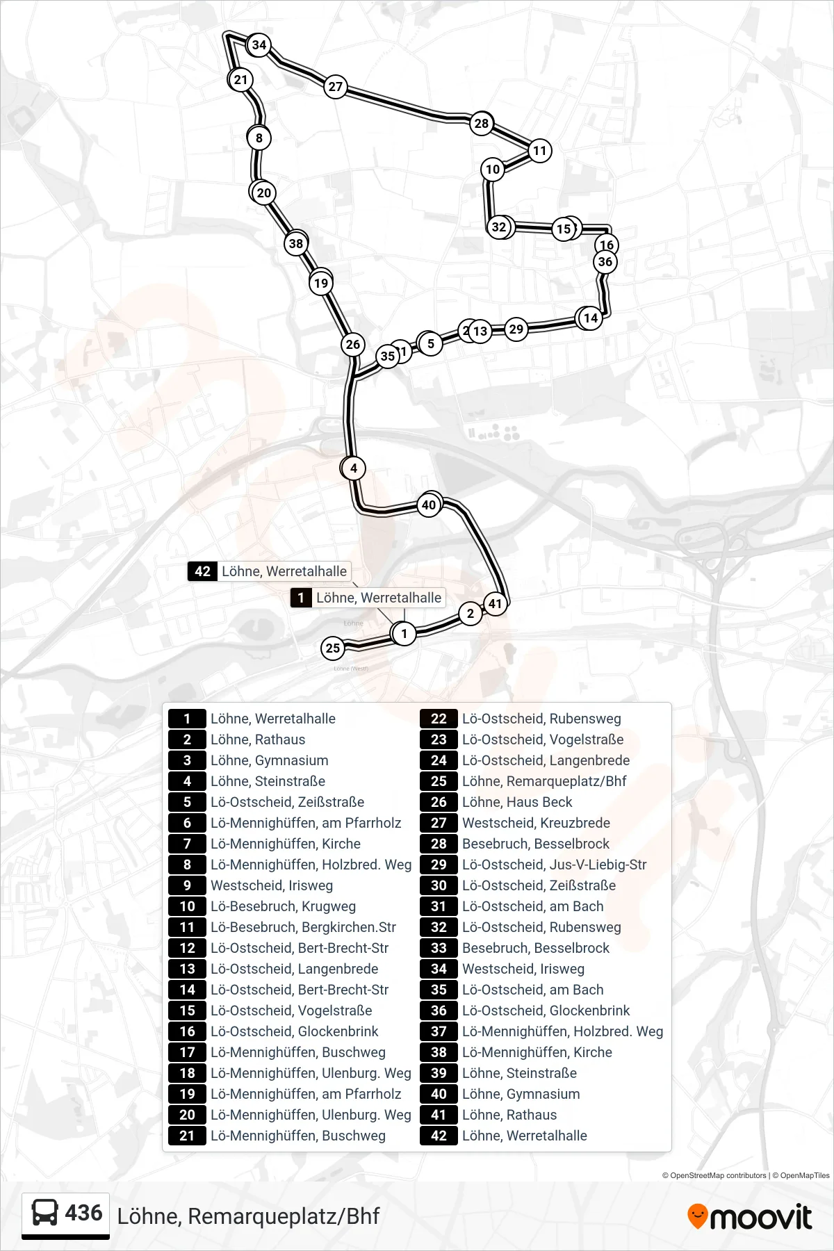 436 bus Line (Löhne, Remarqueplatz/Bhf) route and stops on a map