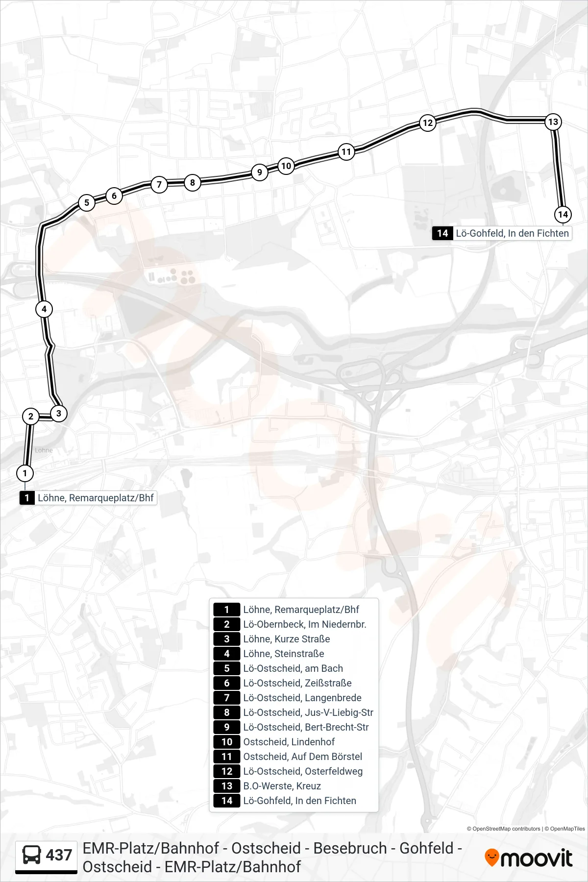 437 bus Line (Bad Oeynhaus.-Werste Kreuz) route and stops on a map