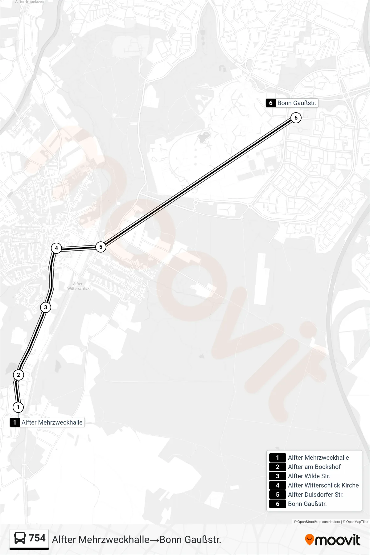 Linie 754 (Bus) Richtung Alfter Mehrzweckhalle‎→Bonn Gaußstr.: Route und Haltestellen auf der Karte
