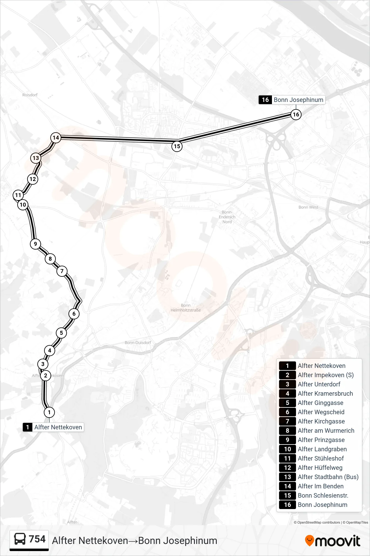 Linie 754 (Bus) Richtung Alfter Nettekoven‎→Bonn Josephinum: Route und Haltestellen auf der Karte