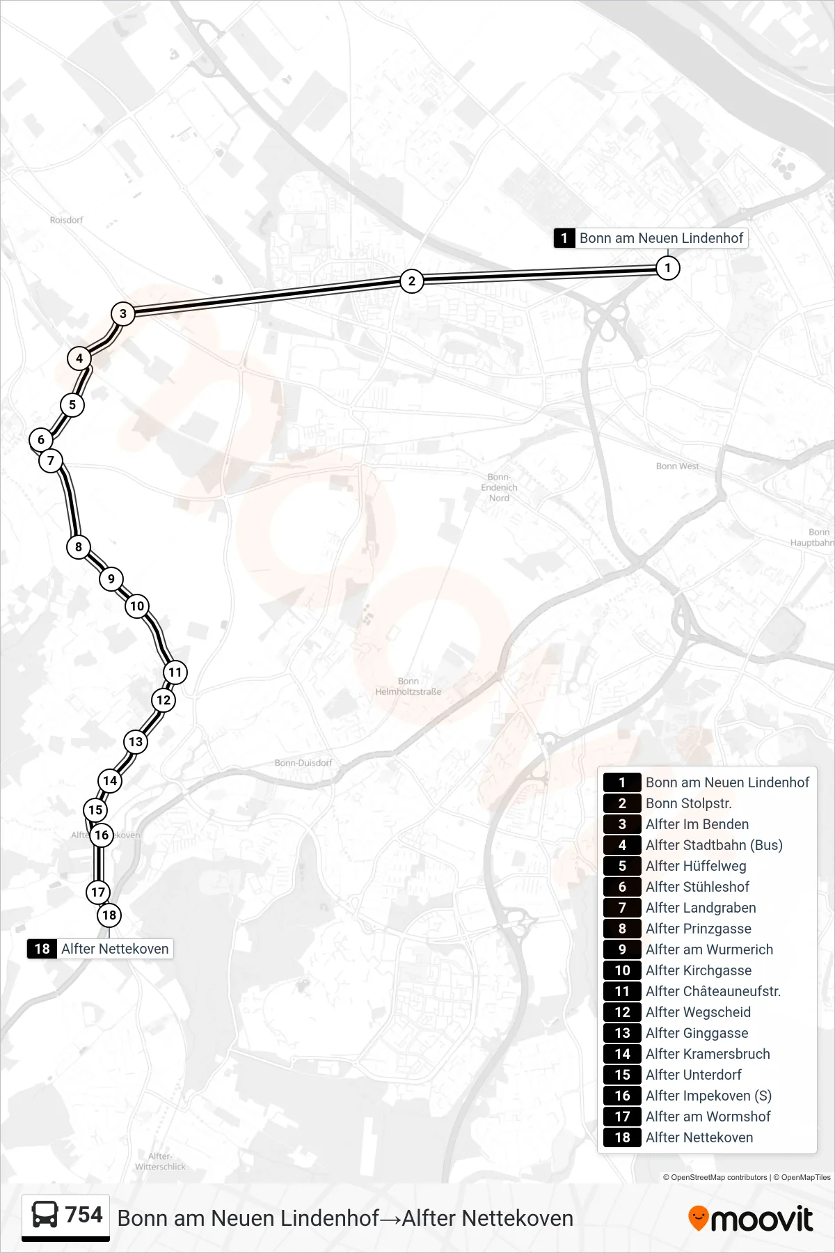 Linie 754 (Bus) Richtung Bonn am Neuen Lindenhof‎→Alfter Nettekoven: Route und Haltestellen auf der Karte