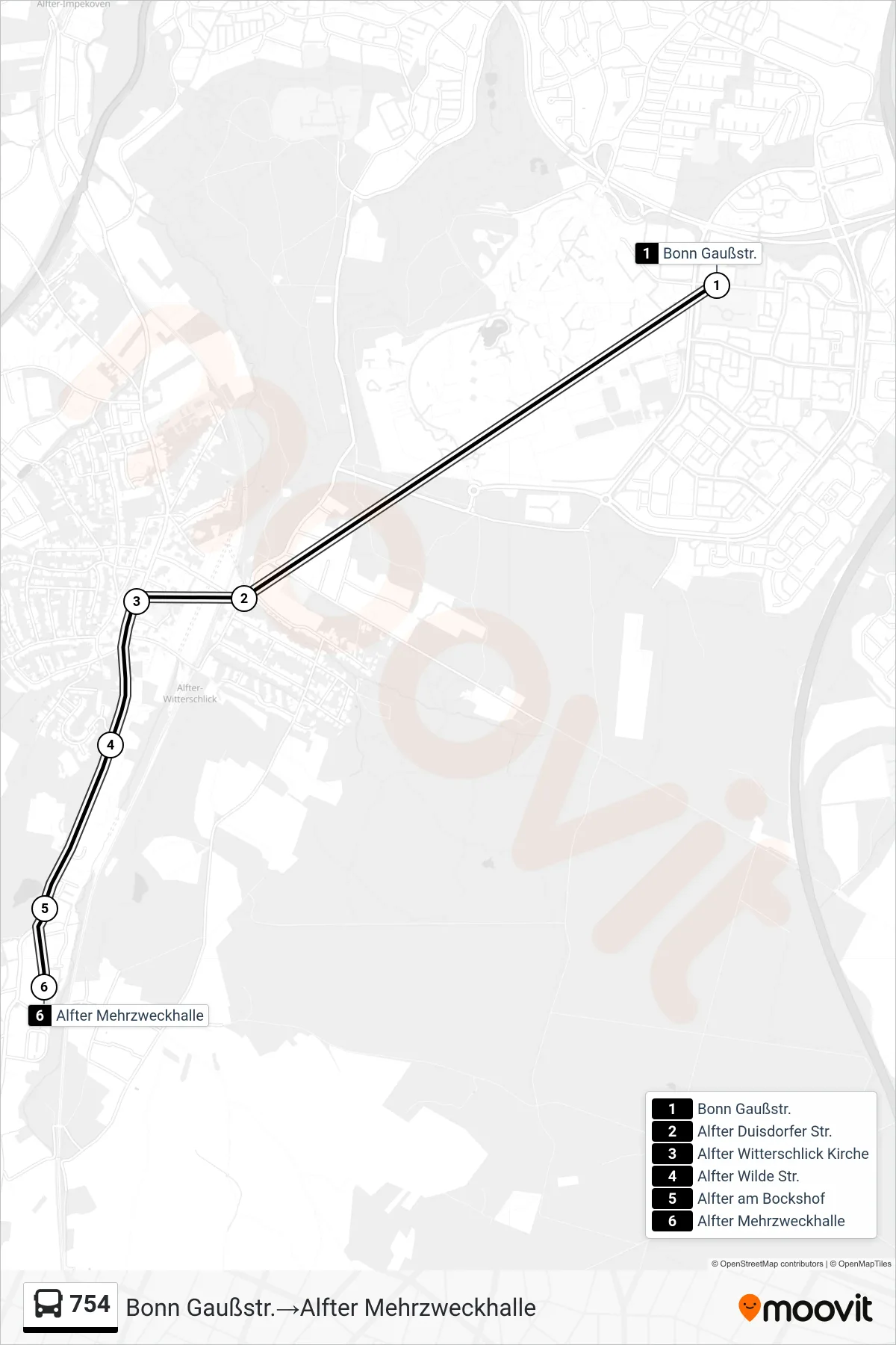 Linie 754 (Bus) Richtung Bonn Gaußstr.‎→Alfter Mehrzweckhalle: Route und Haltestellen auf der Karte