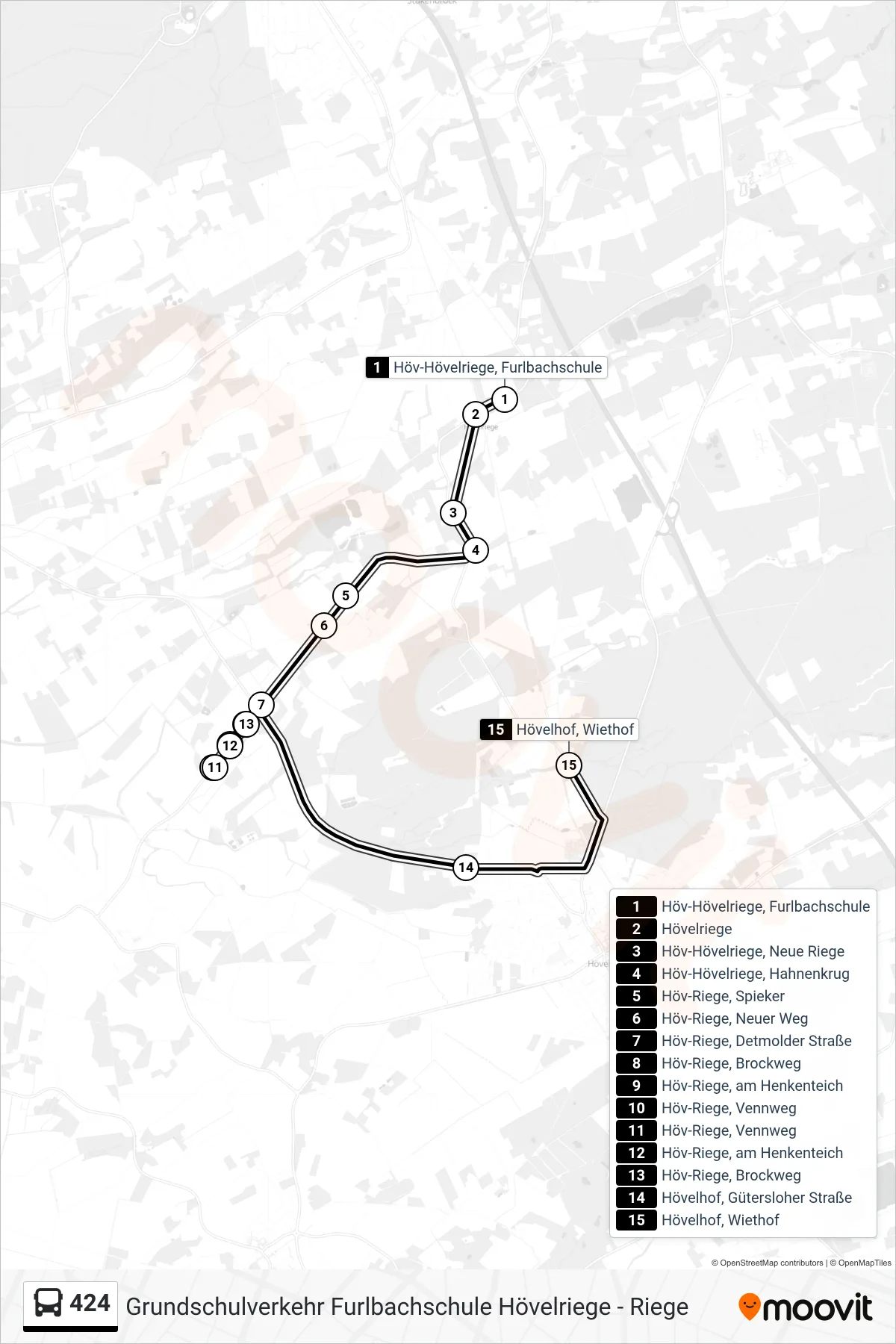 Linie 424 (Bus) Richtung Hövelhof, Wiethof: Route und Haltestellen auf der Karte