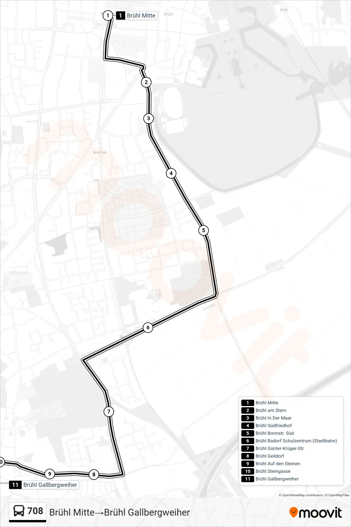 Linie 708 (Bus) Richtung Brühl Mitte→Brühl Gallbergweiher: Route und Haltestellen auf der Karte