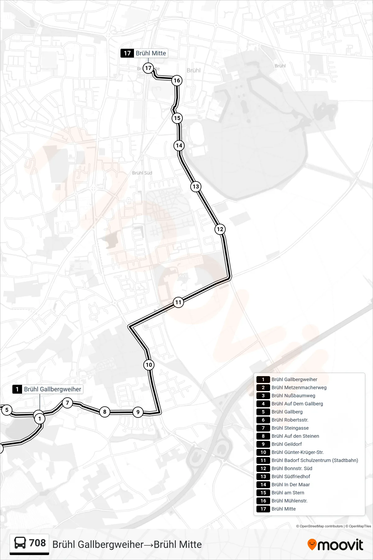 708 bus Line (Brühl Gallbergweiher‎→Brühl Mitte) route and stops on a map