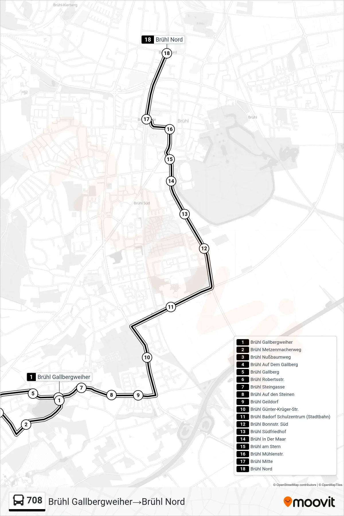 Linie 708 (Bus) Richtung Brühl Gallbergweiher‎→Brühl Nord: Route und Haltestellen auf der Karte