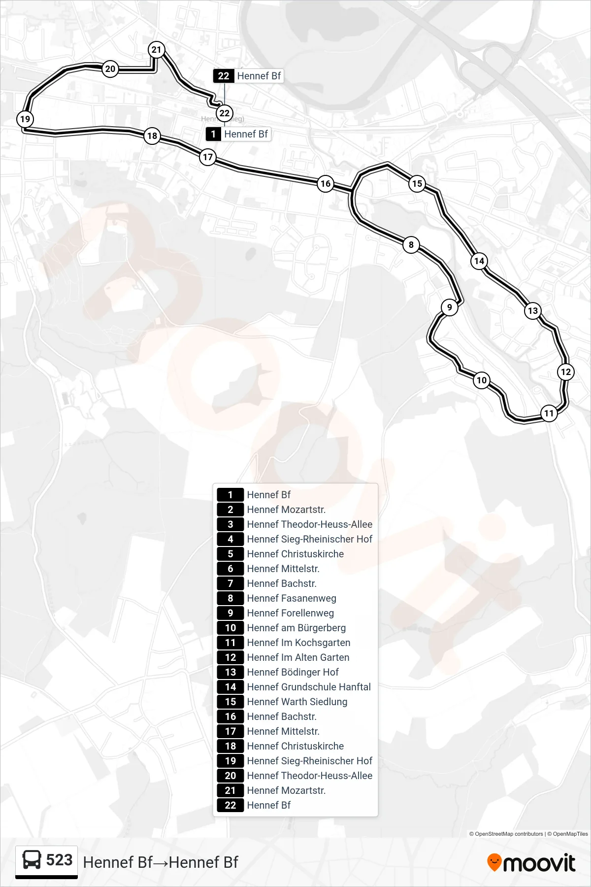 Linie 523 (Bus) Richtung Hennef Bf→Hennef Bf: Route und Haltestellen auf der Karte