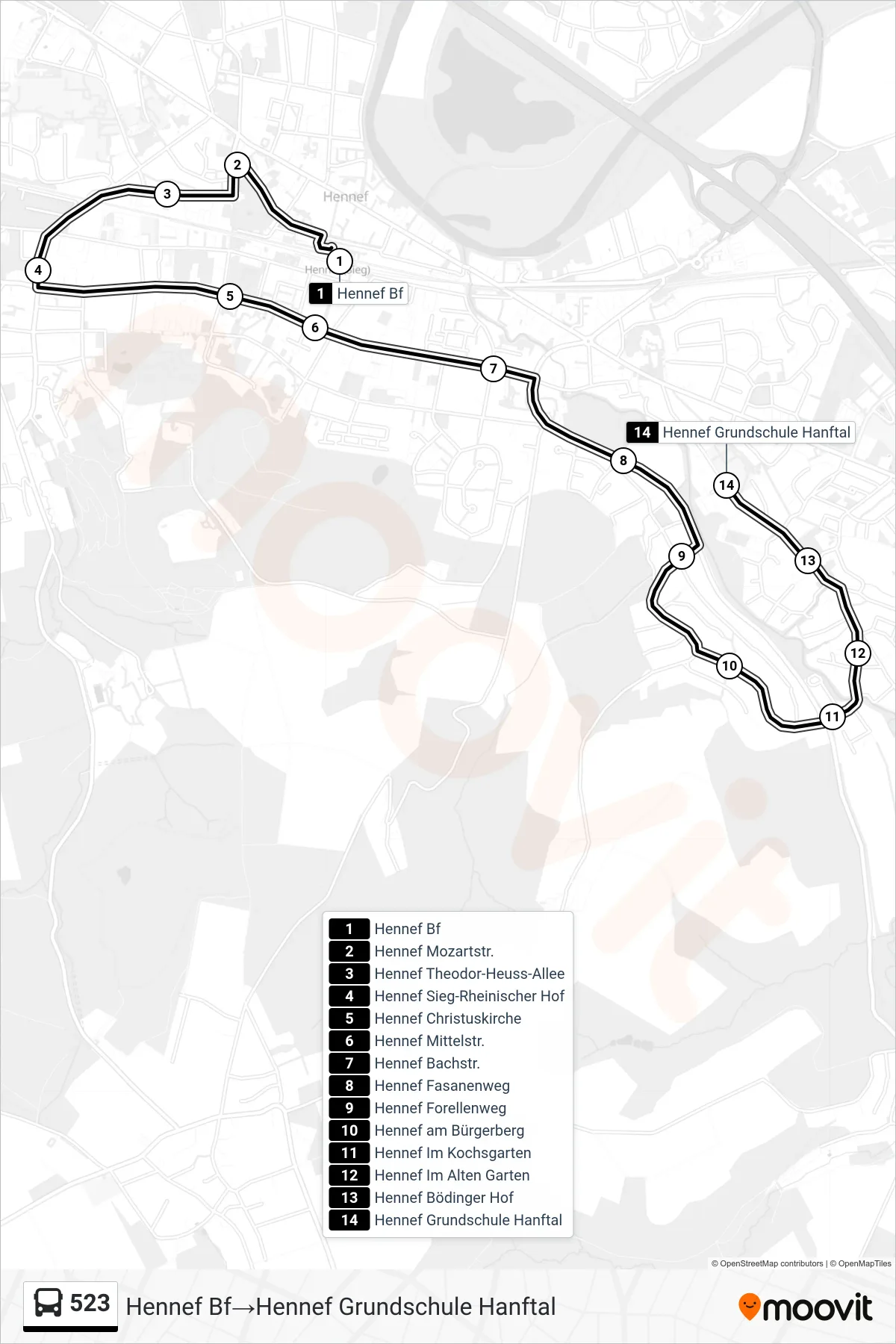 Linie 523 (Bus) Richtung Hennef Bf‎→Hennef Grundschule Hanftal: Route und Haltestellen auf der Karte