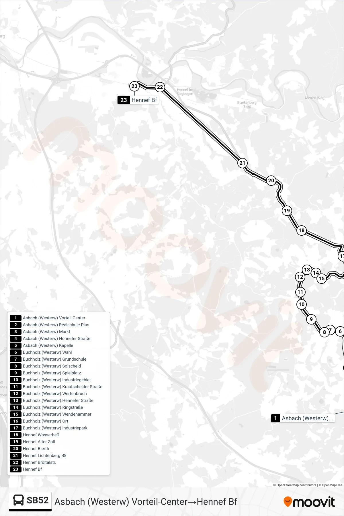 Linie SB52 (Bus) Richtung Asbach (Westerw) Vorteil-Center→Hennef Bf: Route und Haltestellen auf der Karte
