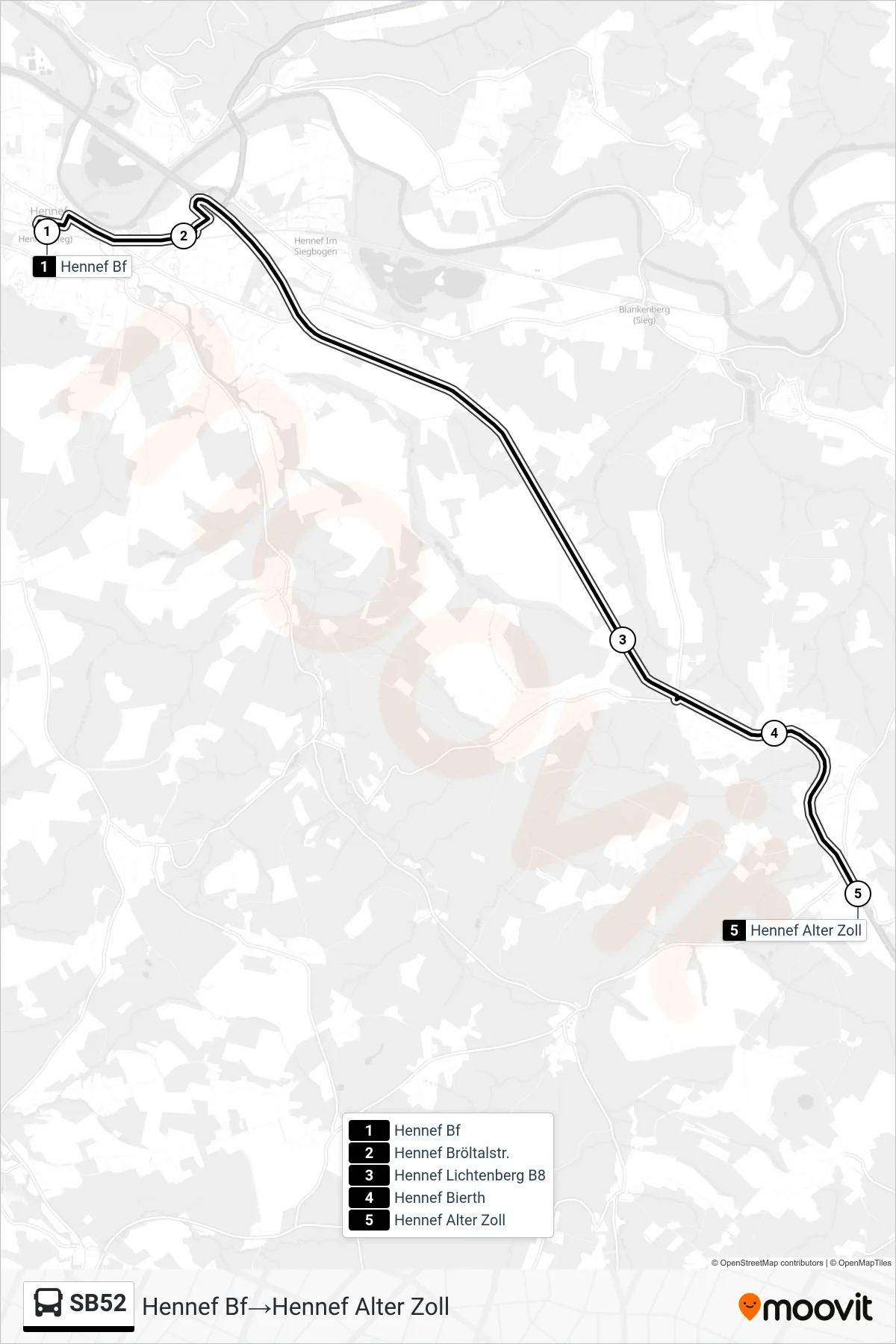 Linie SB52 (Bus) Richtung Hennef Bf‎→Hennef Alter Zoll: Route und Haltestellen auf der Karte