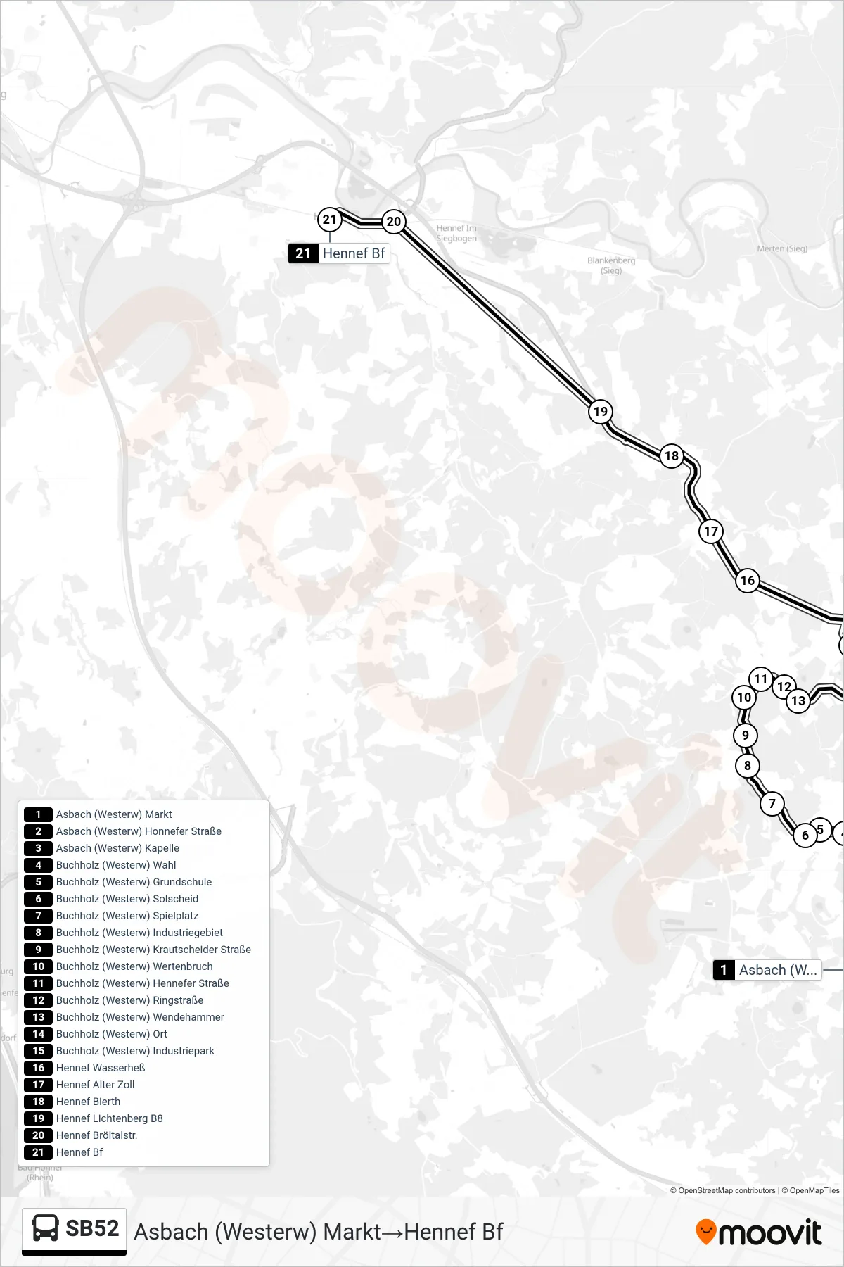 SB52 bus Line (Asbach (Westerw) Markt→Hennef Bf) route and stops on a map