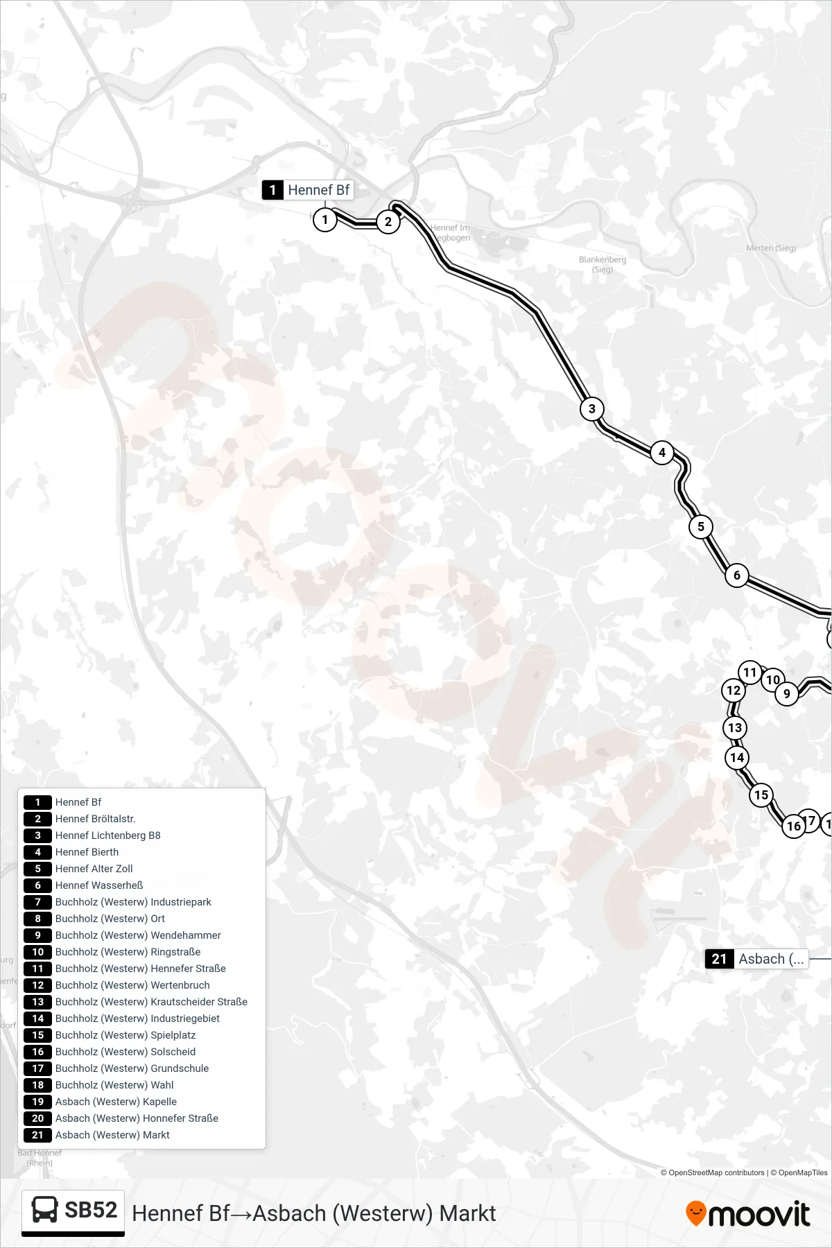 Linie SB52 (Bus) Richtung Hennef Bf→Asbach (Westerw) Markt: Route und Haltestellen auf der Karte