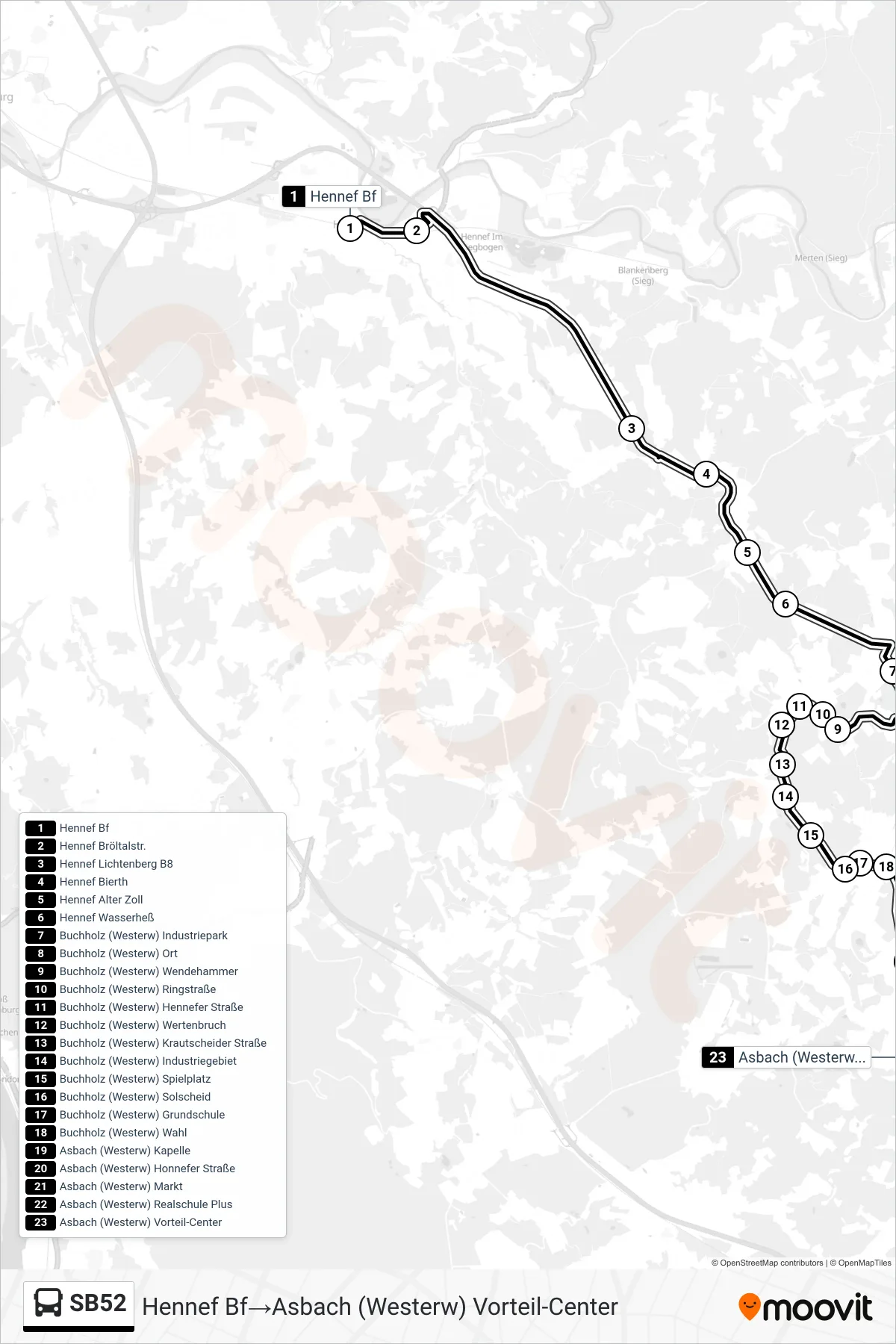 Linie SB52 (Bus) Richtung Hennef Bf→Asbach (Westerw) Vorteil-Center: Route und Haltestellen auf der Karte