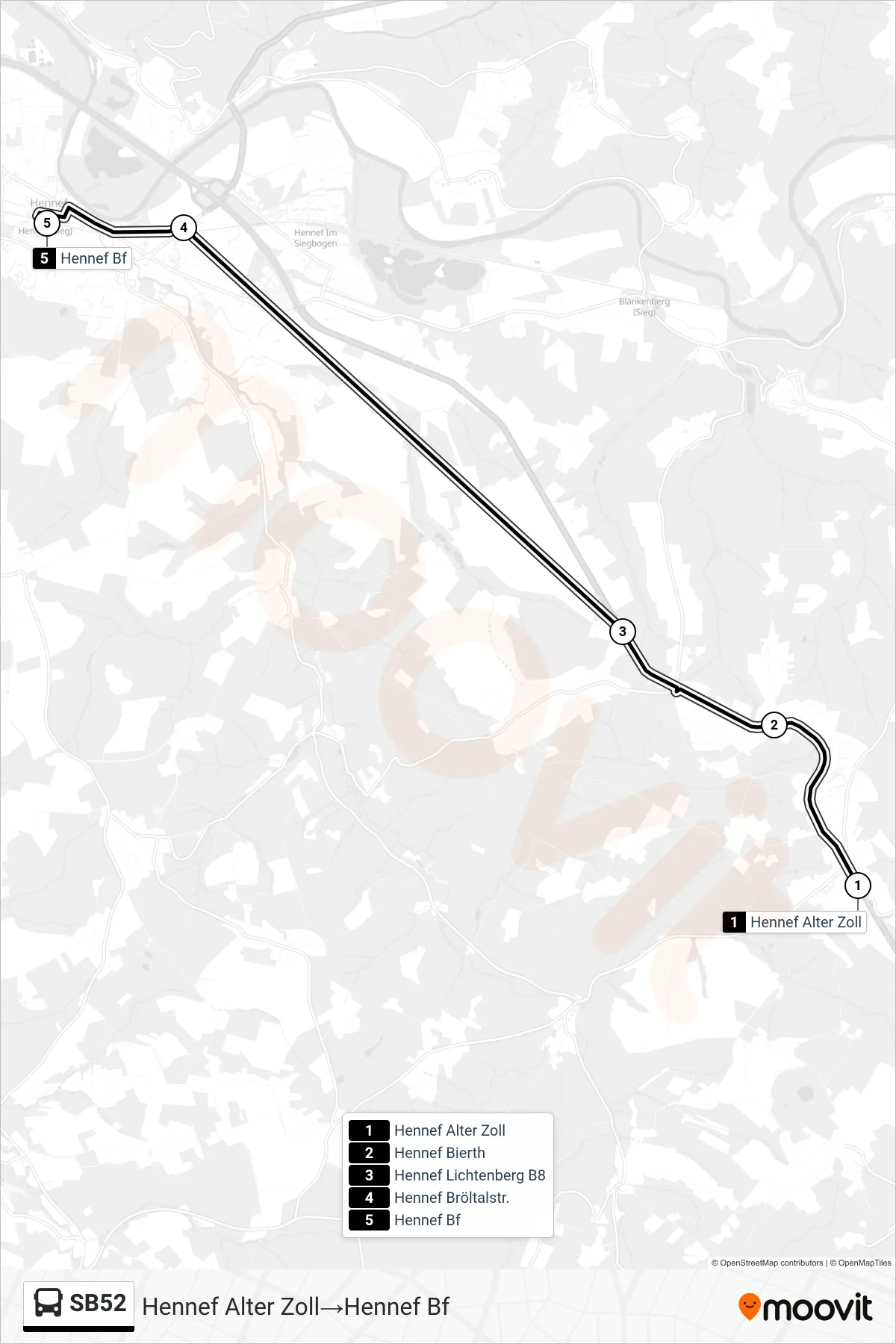 Linie SB52 (Bus) Richtung Hennef Alter Zoll‎→Hennef Bf: Route und Haltestellen auf der Karte