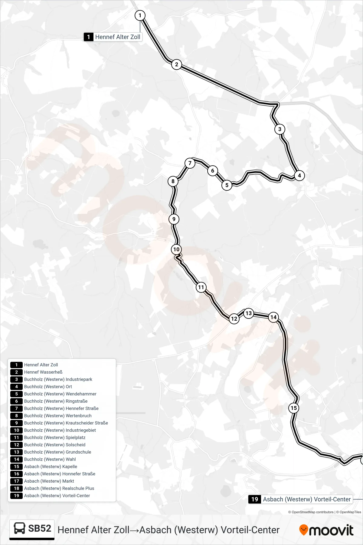 Linie SB52 (Bus) Richtung Hennef Alter Zoll‎→Asbach (Westerw) Vorteil-Center: Route und Haltestellen auf der Karte