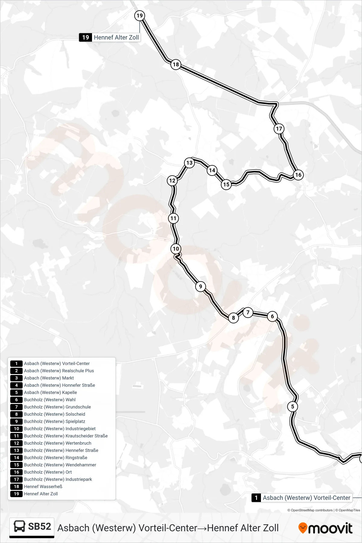 Linie SB52 (Bus) Richtung Asbach (Westerw) Vorteil-Center‎→Hennef Alter Zoll: Route und Haltestellen auf der Karte