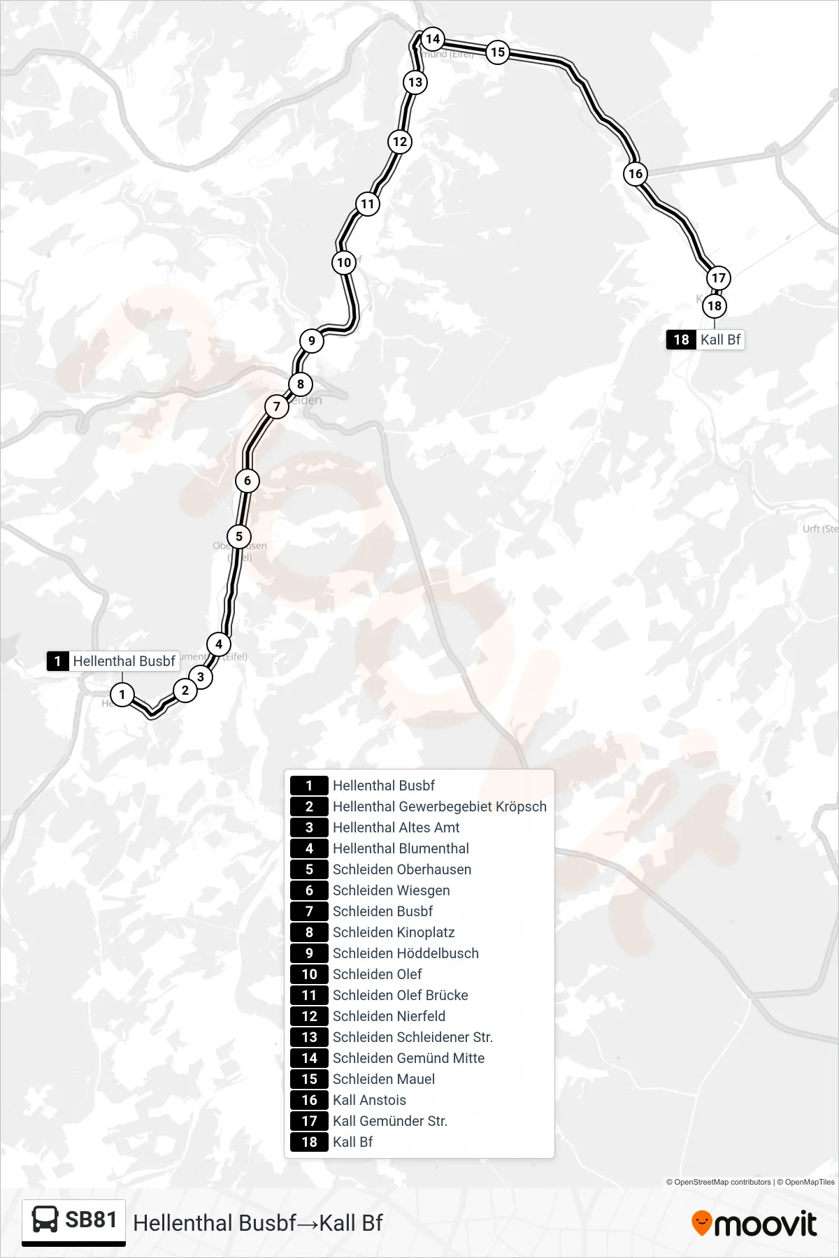 Linie SB81 (Bus) Richtung Hellenthal Busbf‎→Kall Bf: Route und Haltestellen auf der Karte