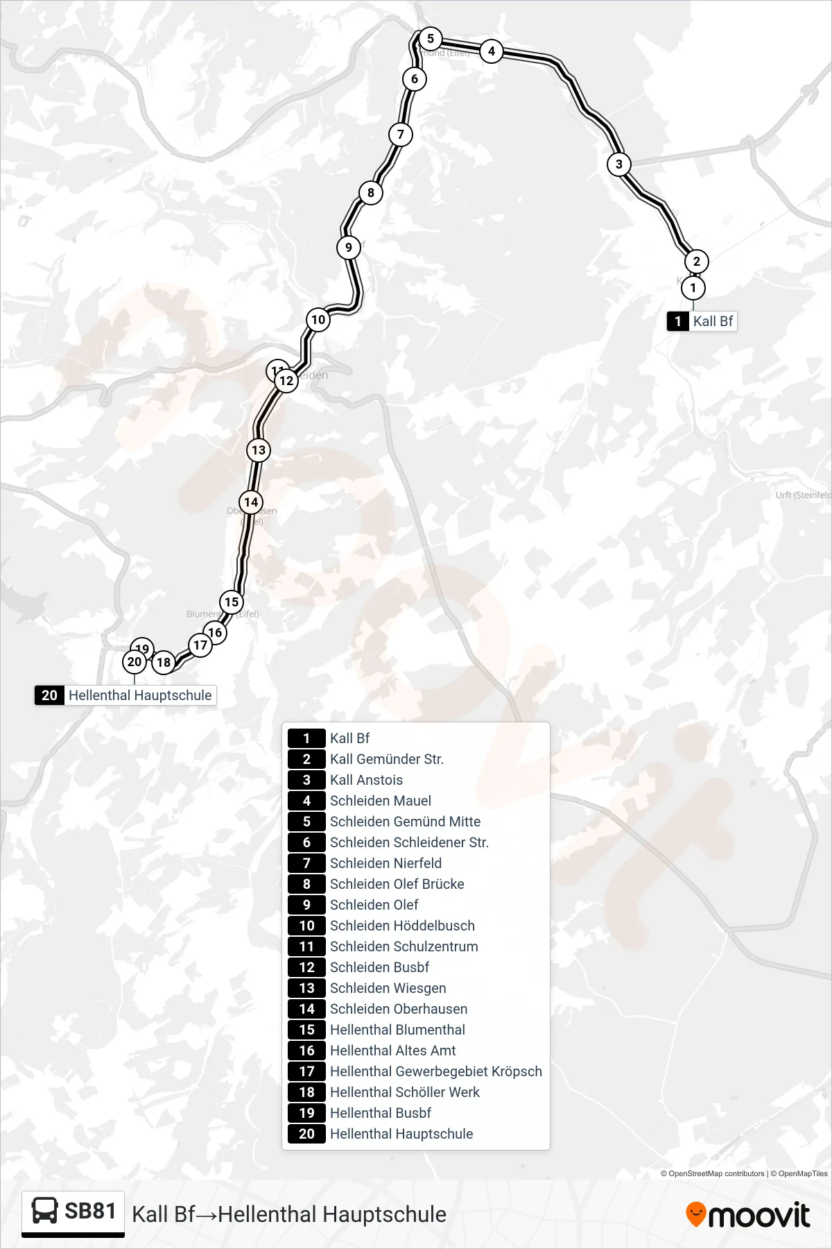 SB81 bus Line (Kall Bf→Hellenthal Hauptschule) route and stops on a map